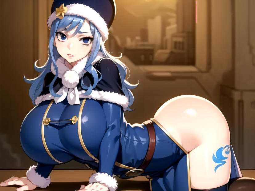 ai_generated big_breasts blue_eyes blue_hair breasts bubble_ass bubble_butt curvaceous curvy curvy_female dat_ass dress dress_slit fairy_tail female female_focus female_only huge_ass huge_breasts juvia_lockser large_breasts laying_down leaning_forward light-skinned_female light_skin long_hair russian_hat thick_ass thick_thighs voluptuous voluptuous_female