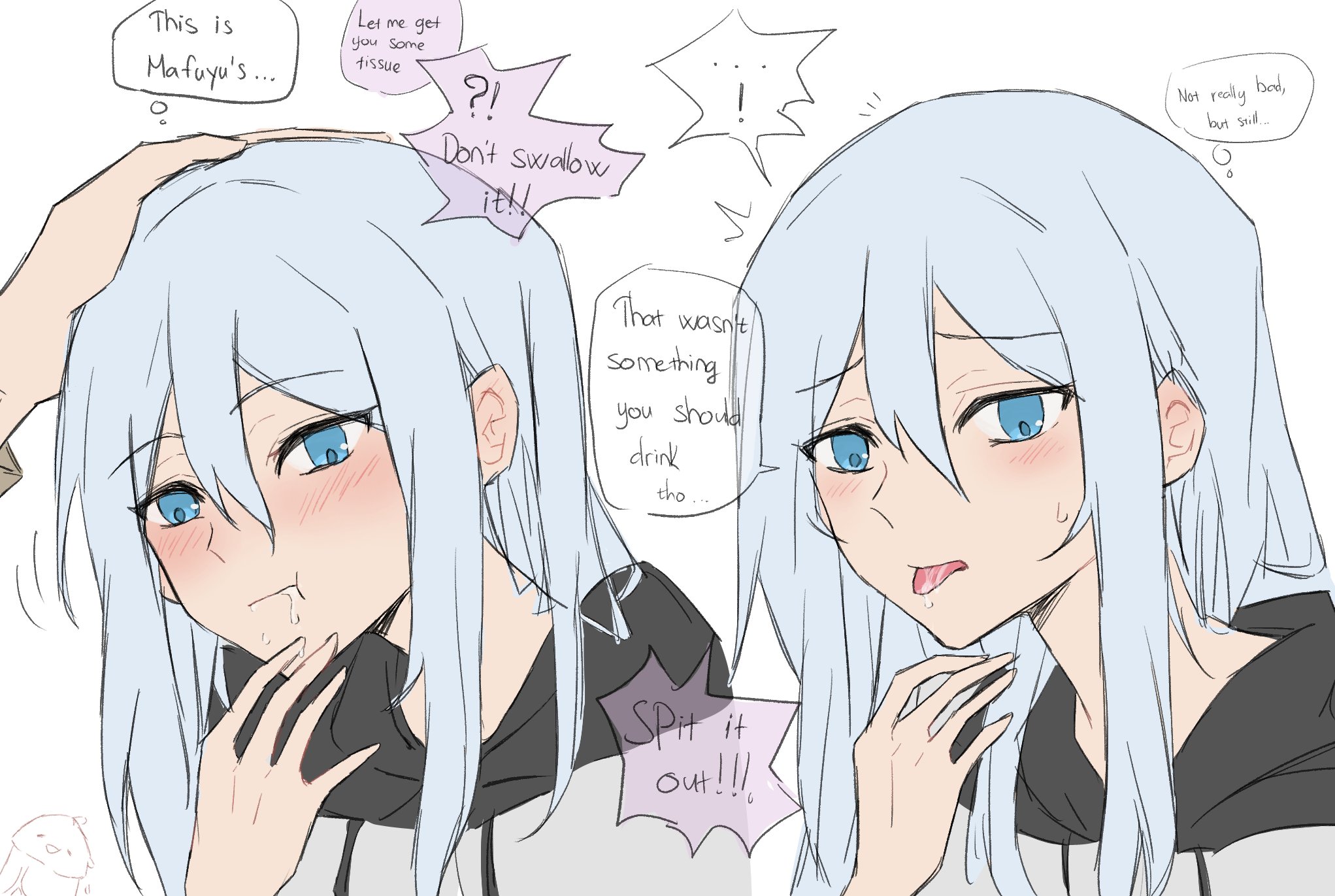 ?, 1futa, 1girls, 2022, asahina mafuyu, blowjob, blue eyes, blue hair, blush, dialogue, duo, english text, female, female focus, first time, futa on female, futanari, human, intersex, light skin, light-skinned female, long hair, luzisimp, nude, project sekai, solo focus, text, white hair, yoisaki kanade