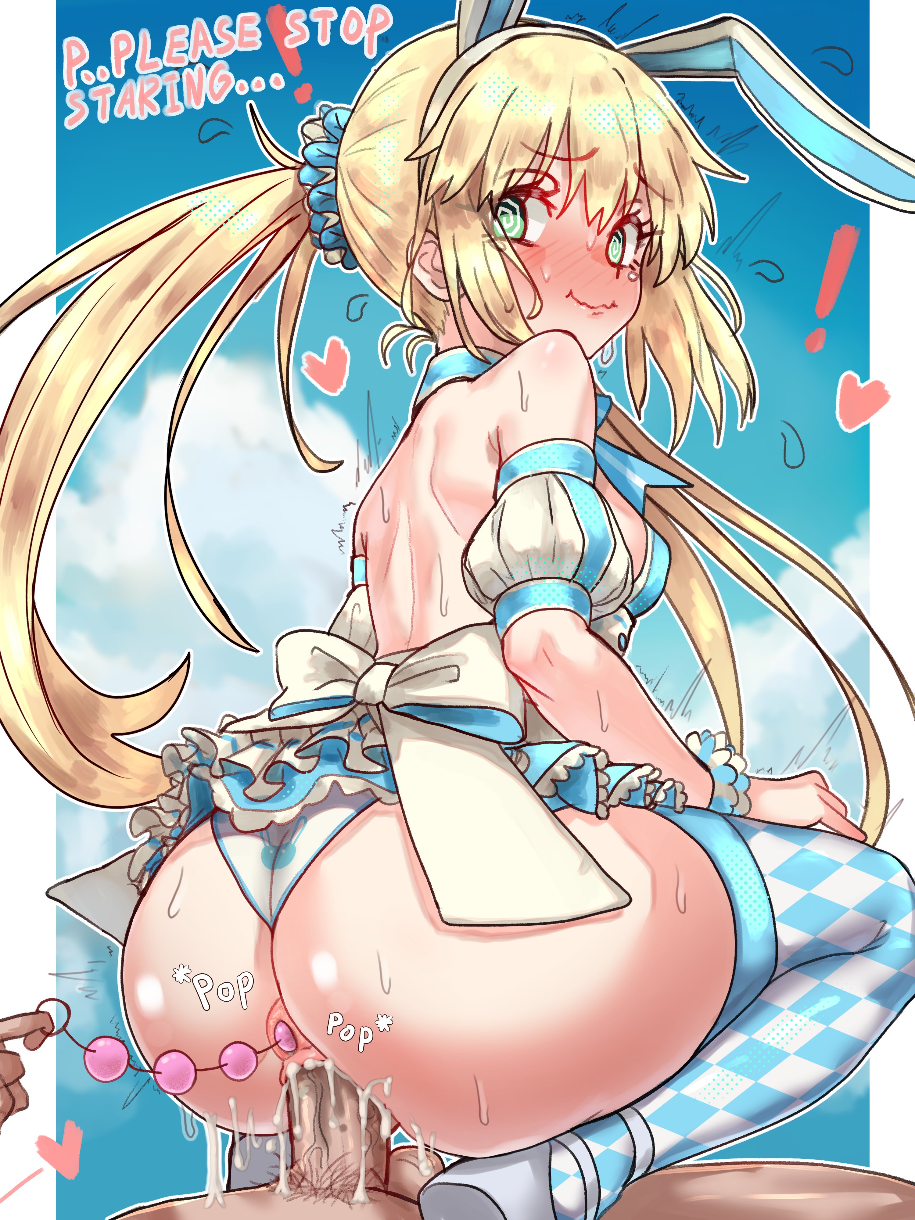 !, 1boy, 1girls, anal beads, anal insertion, artoria caster (fate), artoria pendragon, artoria pendragon (caster), ass, blonde hair, breasts, bubble ass, bubble butt, dialogue, ebora, english text, fate (series), fate/grand order, female, green eyes, hi res, light skin, light-skinned female, long hair, male, medium breasts, penis, pussy, reverse cowgirl position, sex, sex toy, twintails, uncensored, vaginal penetration, youngmanisdown