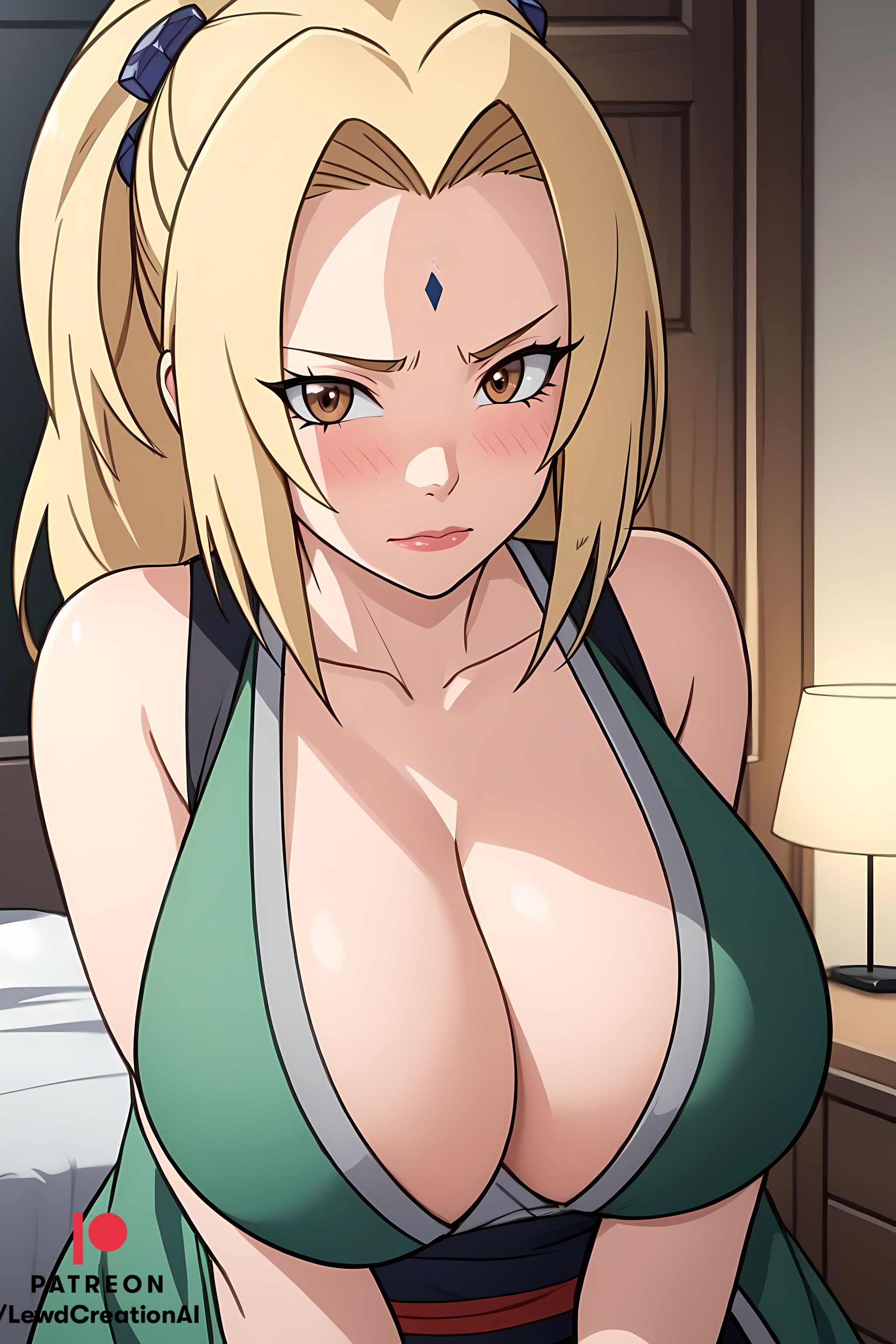 ai generated, blonde female, blonde hair, blue hair, blush, blush lines, boruto: naruto next generations, breast squeeze, breasts, brown eyes, cleavage, cleavage overflow, female, forehead, forehead gem, forehead jewel, forehead mark, huge breasts, indoors, large breasts, lewdcreationsai, mature, mature female, milf, naruto, naruto (classic), naruto (series), naruto shippuden, naruto: the last, no bra, stable diffusion, tsunade
