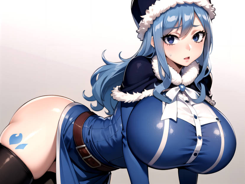 ai_generated big_breasts blue_eyes blue_hair breasts clothing curvy_female curvy_figure dress dress_slit eyes fairy_tail female female_focus female_only huge_ass huge_breasts juvia_lockser large_breasts leaning_forward light-skinned_female light_skin long_hair russian_hat tattoo thick_thighs voluptuous voluptuous_female