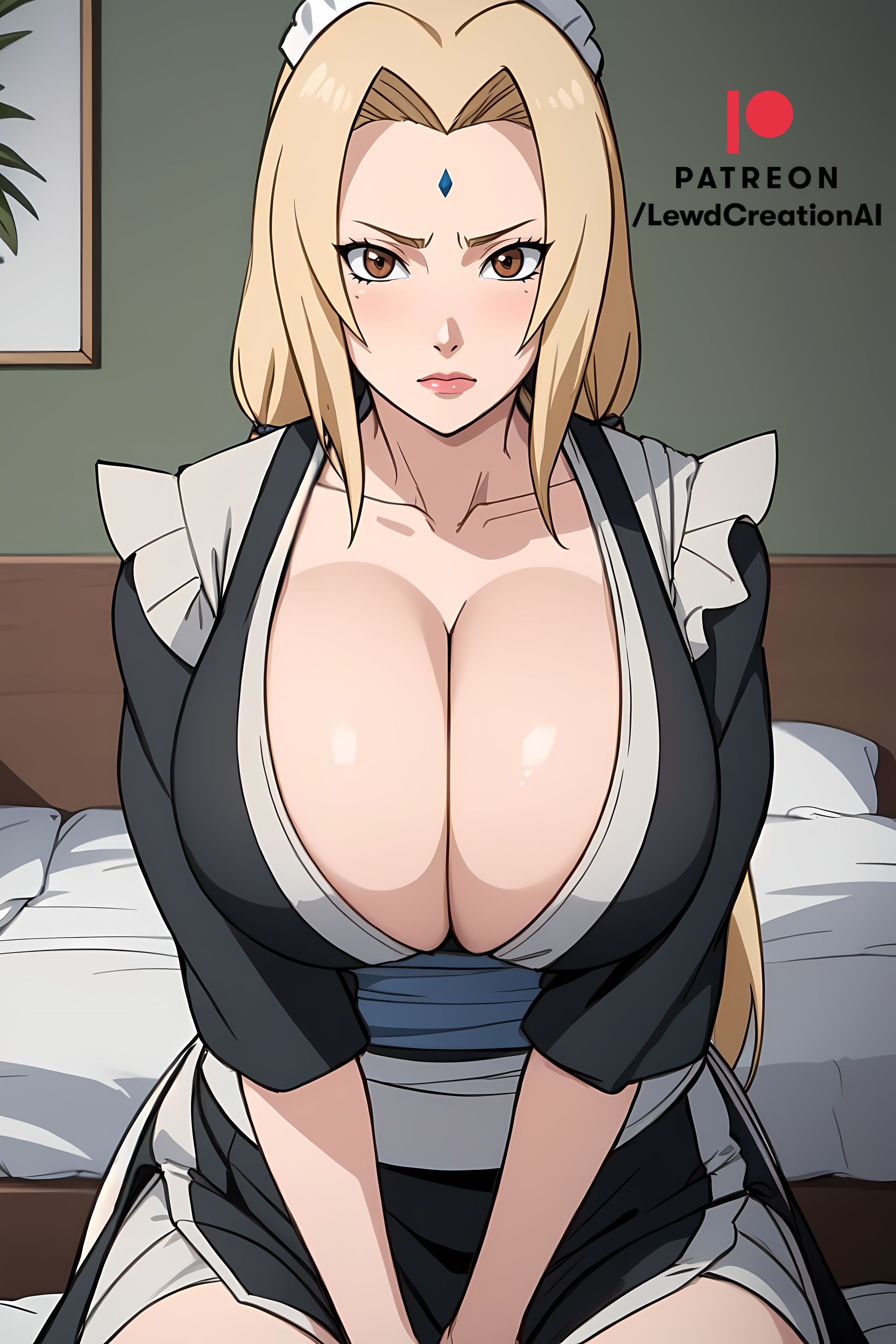 ai generated, blonde female, blonde hair, blush, blush lines, boruto: naruto next generations, breast squeeze, breasts, breasts out, brown eyes, cleavage, cleavage cutout, cleavage overflow, embarrassed, female, forehead, forehead gem, forehead jewel, forehead mark, huge breasts, indoors, kneeling, large breasts, lewdcreationsai, maid, maid headdress, maid outfit, maid uniform, mature, mature female, milf, naruto, naruto (classic), naruto (series), naruto shippuden, naruto: the last, nipples, on bed, red lipstick, squeezing, stable diffusion, tsunade