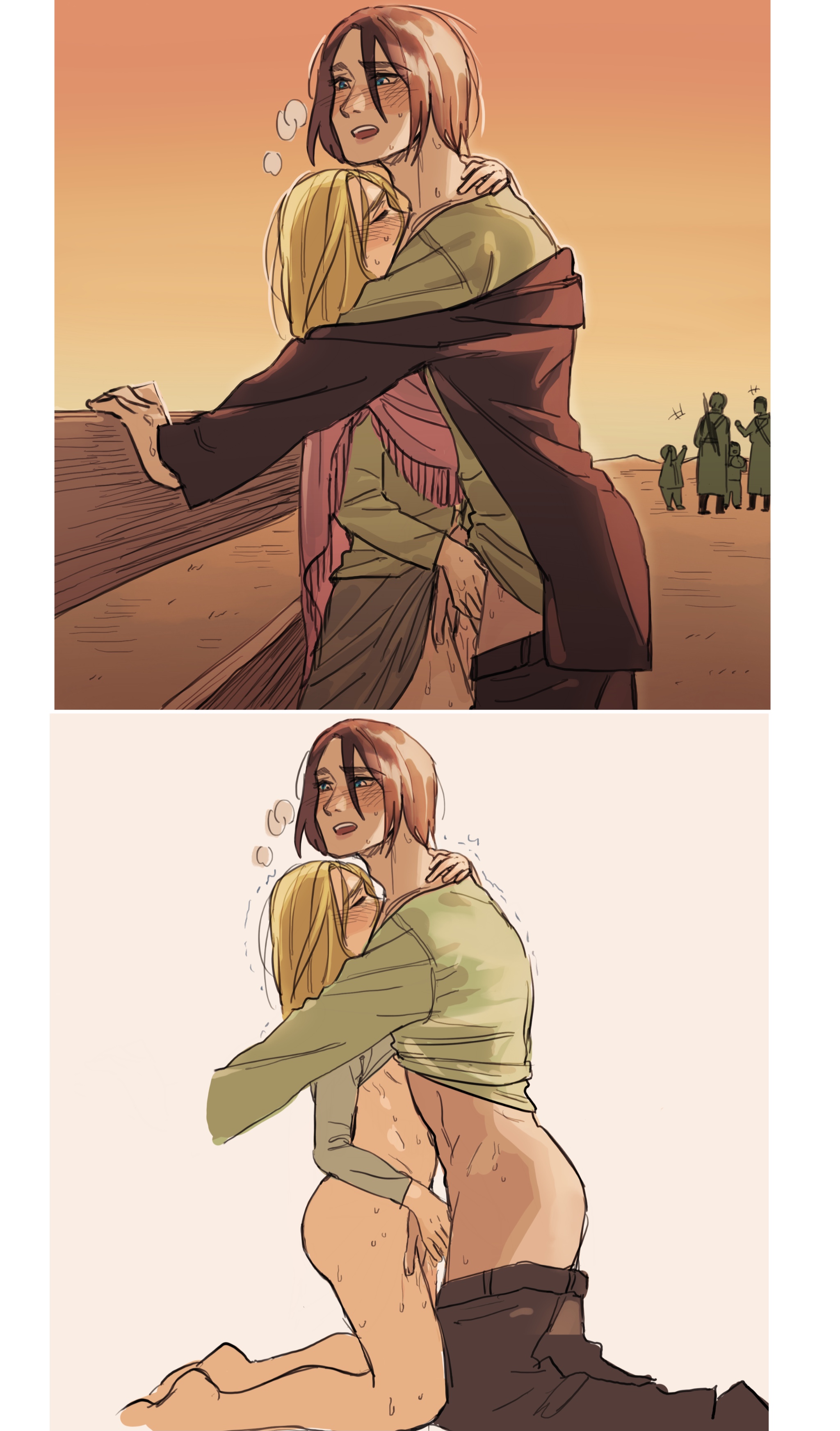 1boy, 1girls, attack on titan, blonde hair, blushing, christa lenz, eren jaeger, female, fingering, handjob, historia reiss, ilymir ezgbora, male, male/female, masturbation, mutual masturbation, outside, pants down, public, public masturbation, public nudity, shingeki no kyojin, skirt up, straight, trembling, visible breath