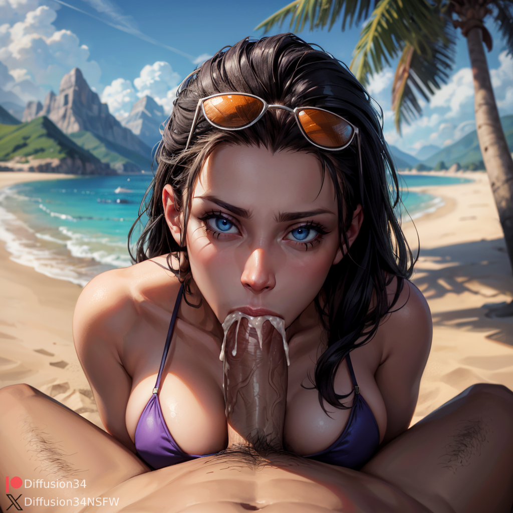 :>=, 1boy, 1girls, ai generated, beach, big breasts, bikini, bikini top, black hair, blowjob, blowjob face, blue eyes, breasts, breasts out, cleavage, clothed, clothed sex, clothing, completely nude, cum, cum dripping from mouth, cum drool, cum in mouth, cum in throat, cum inside, cum on face, cum on lips, cum on mouth, cum on penis, cum swallow, cumshot in mouth, curvaceous, curvy, curvy body, curvy female, curvy figure, deep blowjob, deepthroat, diffusion34, ejaculation, exposed, exposed breasts, eyebrows, eyelashes, eyewear, eyewear on head, face fucking, fellatio, female, female focus, hourglass figure, human, large breasts, light skin, light-skinned female, light-skinned male, long hair, looking at viewer, male, male pov, mountain, nico robin, nude, nude male, one piece, oral, oral creampie, oral penetration, oral sex, outdoor sex, outdoors, outside, outside sex, palm tree, partially clothed, partially clothed female, penis, penis in mouth, post-timeskip, pov, pov eye contact, seductive, seductive eyes, seductive gaze, seductive look, seductive mouth, seductive pose, self upload, sky, smile at viewer, straight, sucking, sucking off, sucking penis, sunglasses, sunglasses on head, sunlight, tree, trees, voluptuous, voluptuous female