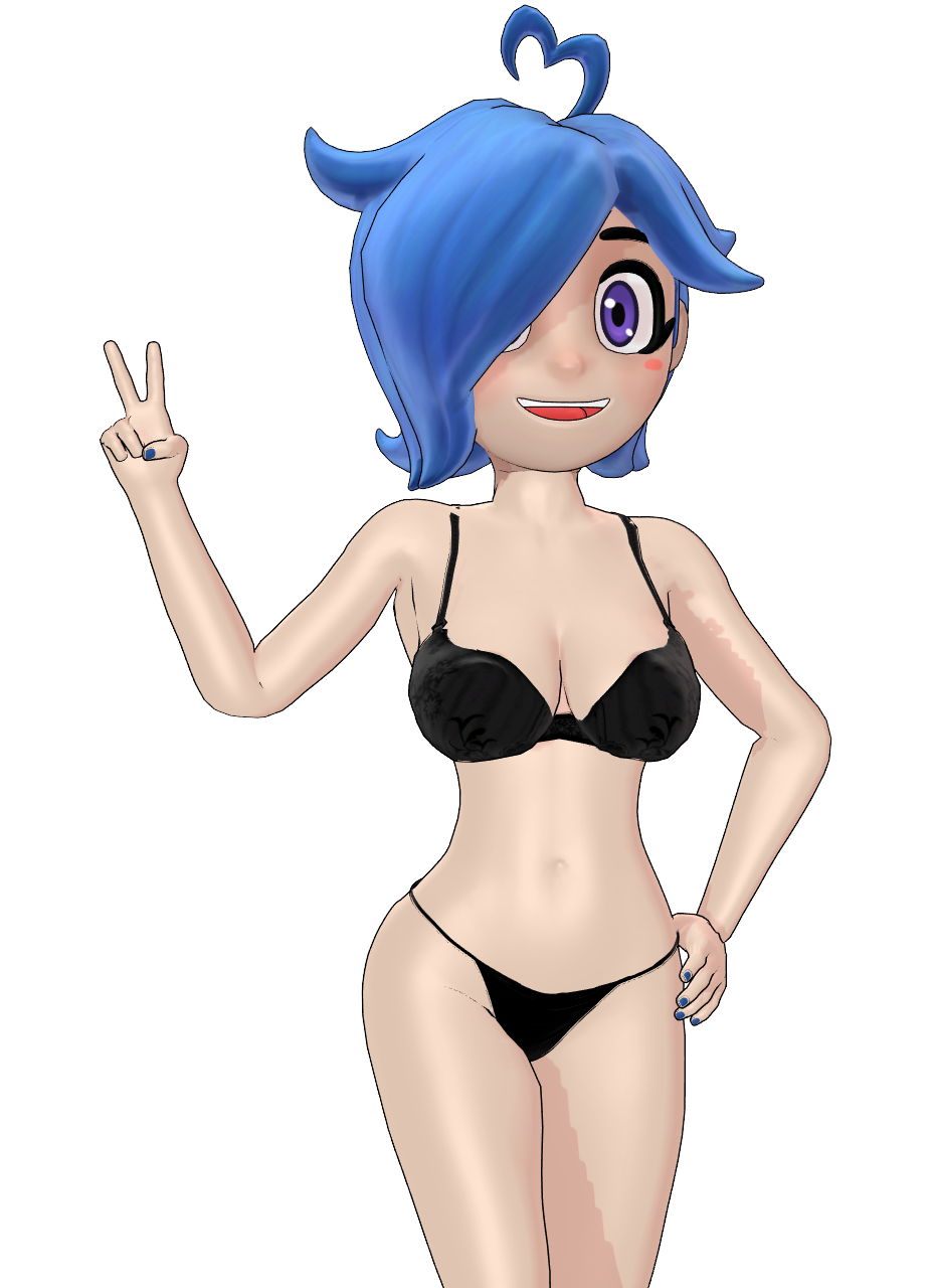 3d black_bra black_panties blue_hair female female_only glitch_productions hair_over_one_eye image kapp-99 looking_at_viewer mikumikudance peace_sign purple_eyes questionable smg4 tari_(smg4) transparent_background youtube