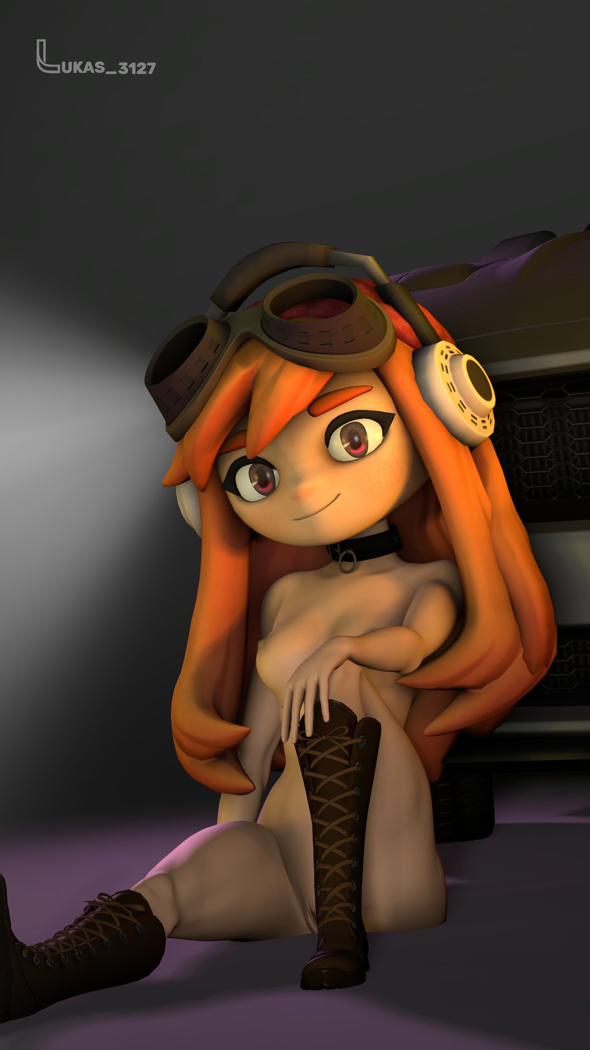 3d 3d_(artwork) ass breasts car female_only human_meggy lukas_3127 meggy_spletzer naked_female orange_hair self_upload simple_background sitting small_breasts smg4