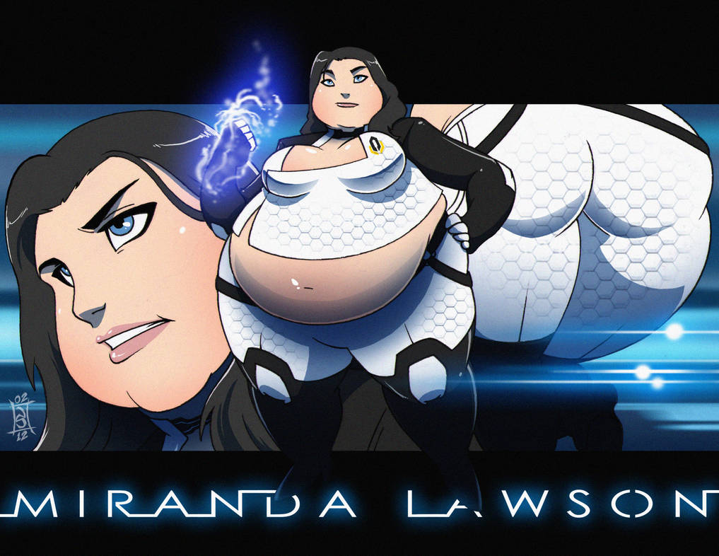 ass_focus bbw black_hair blue_eyes close_up exposed_belly fat fat_belly fat_breasts fat_thighs female glowing_hands mass_effect mass_effect_2 miranda_lawson obese seriojainc weight_gain white_outfit