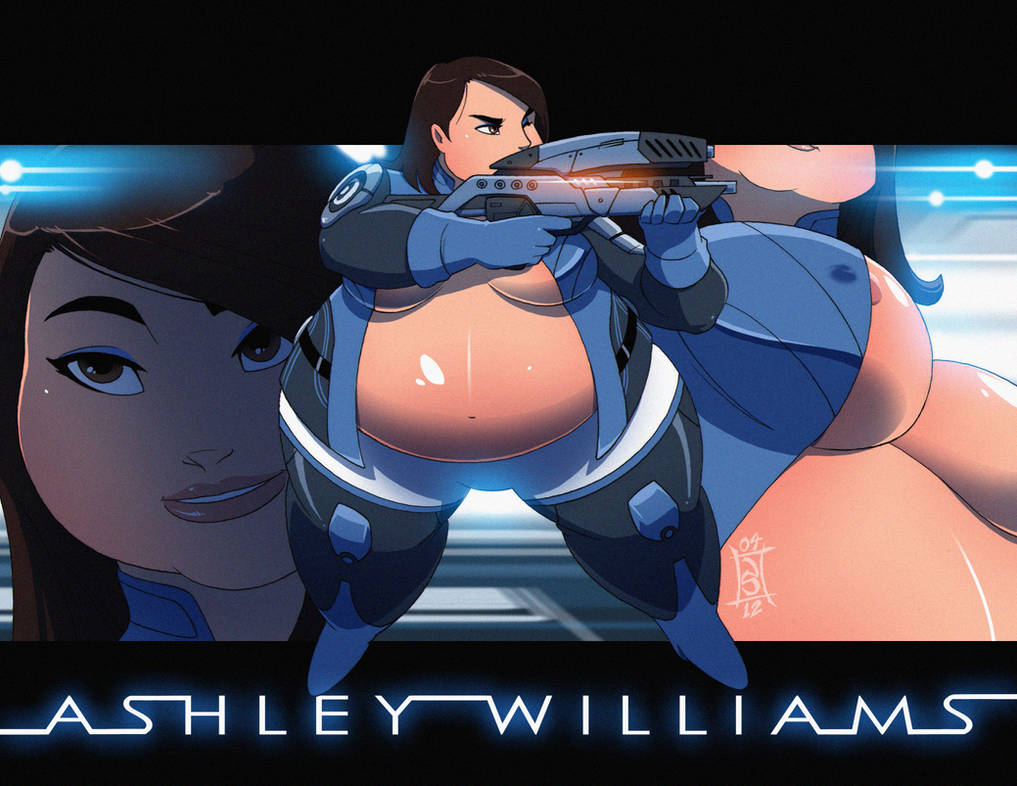 aiming_weapon ashley_williams bbw black_hair blue_outfit brown_eyes close_up exposed_belly exposed_breasts fat fat_belly fat_breasts fat_thighs female holding_rifle mass_effect mass_effect_3 nipple_slip obese seriojainc