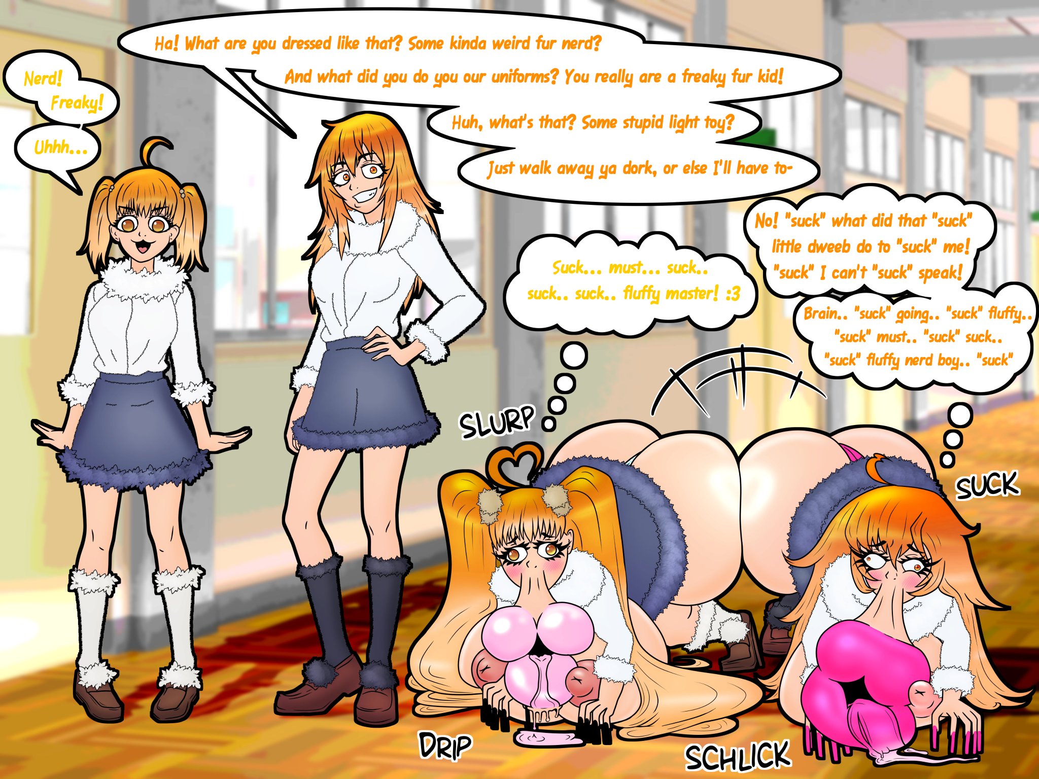 ass, ass expansion, big breasts, big lips, bimbo, bimbofication, breast expansion, breast growth, breast growth (enlargement), breasts, drooling, english text, female, fur, fur coat, gamo-chan, hair growth, huge ass, hyper lips, lewdjacket, lip expansion, mind control, please don't bully me, nagatoro, suckpet, text, transformation, yoshi (nagatoro)