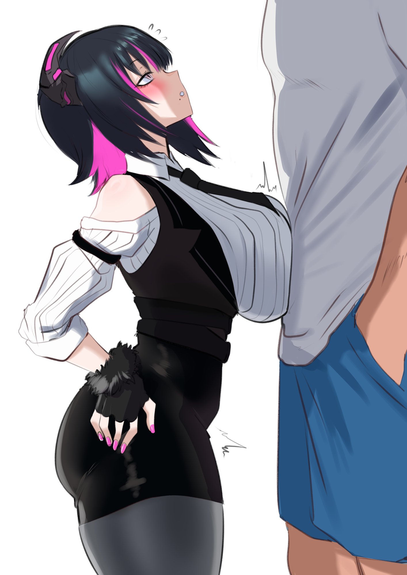 1boy, 1girls, aradia ravencroft, black hair, blush, breast press, breasts, colored inner hair, demon horns, female, flying sweatdrops, from side, fur trim, height difference, hololive, hololive english, hololive english -advent-, horns, huge breasts, male, mole, mole under mouth, multicolored hair, nail polish, nerissa ravencroft, pantyhose, pink hair, pink nails, redi (rasec asdjh), short hair, shortstack, simple background, size difference, skin tight, solo focus, two-tone hair, virtual youtuber, white background