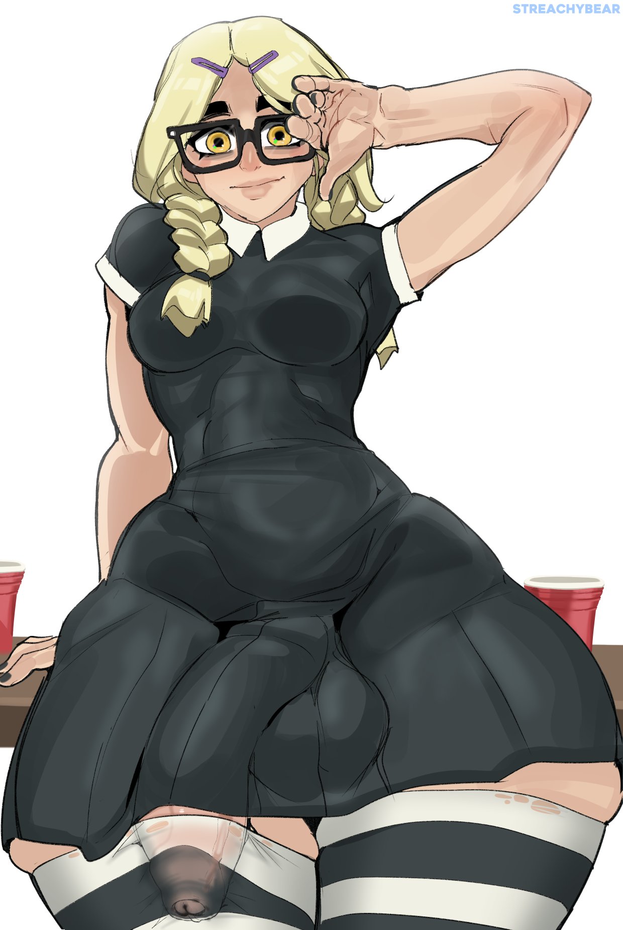 1futa, 2023, balls, big penis, blonde hair, bottom heavy, bottomless, breasts, clothed, clothing, edgewood academy (streachybear), flaccid, foreskin, futa only, futanari, glasses, huge hips, human, intersex, light skin, light-skinned futa, low-angle view, medium breasts, mostly clothed, original, partially retracted foreskin, pearl (streachybear), penis, penis in thighhighs, retracted foreskin, skirt, solo, standing, streachybear, thick thighs, thighhighs, uncircumcised, uncut, wide hips