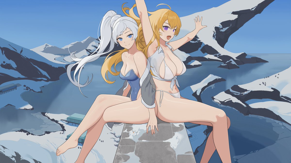 100wang 2girls bikini blonde_female blonde_hair blue_eyes mountain ponytail purple_eyes rwby snow swimsuit wangxiii weiss_schnee white_hair white_hair_female yang_xiao_long