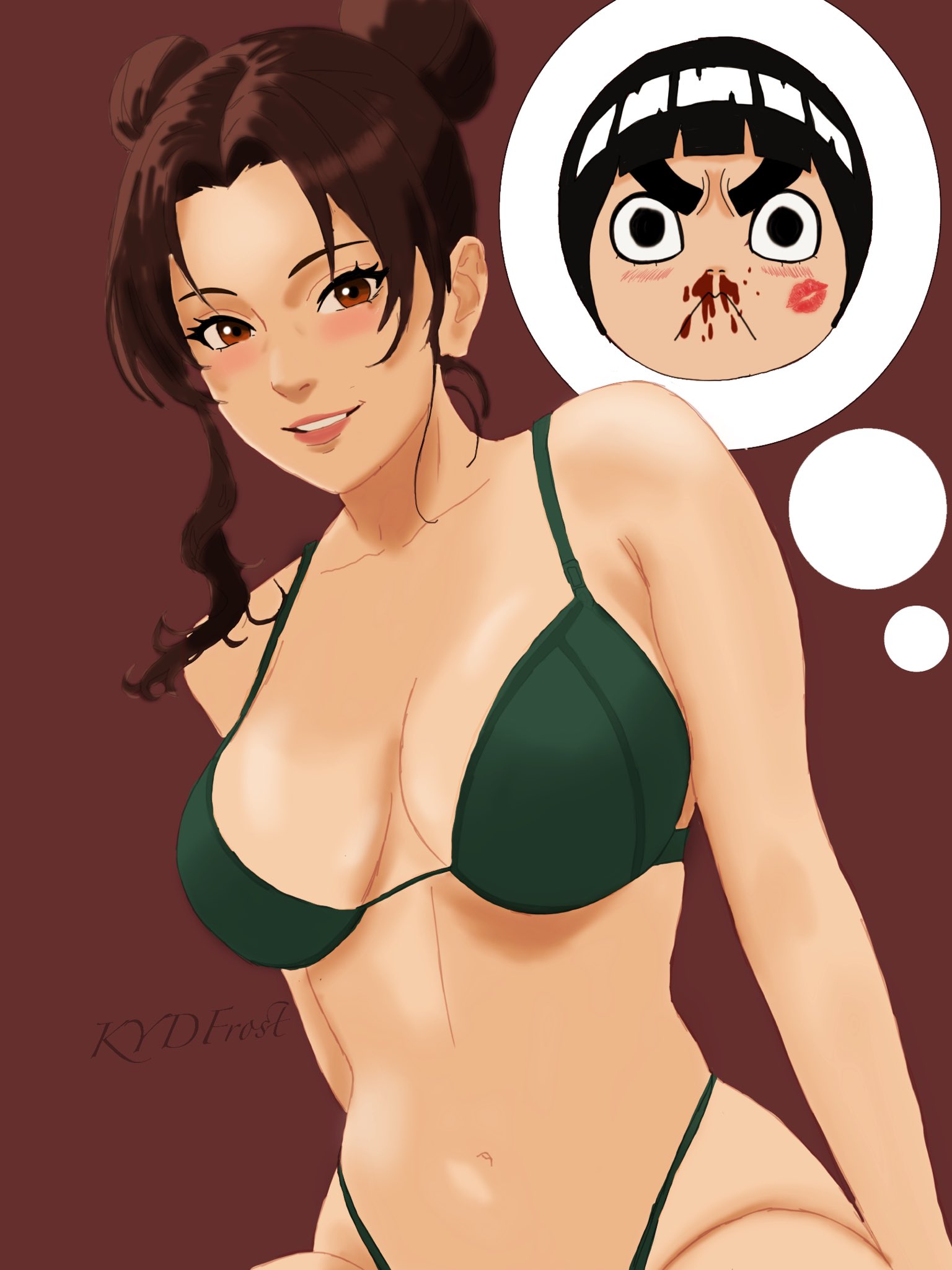 1boy, 1girls, aroused, big breasts, big eyes, black eyes, black hair, blush, bra, breasts, brown eyes, brown hair, bushy eyebrows, cleavage, double bun, faceless male, female, female focus, highleg, highleg panties, kiss mark, kiss mark on face, kydfrost, lingerie, lipstick, lipstick mark, long hair, makeup, male, midriff, naruto, naruto (series), naruto shippuden, nosebleed, panties, rock lee, seducing, seductive, seductive eyes, seductive look, seductive smile, short hair, sidelocks, smile, smiling, solo, solo focus, teasing, tenten, thick eyebrows, tied hair, underwear, underwear only, v-shaped eyebrows