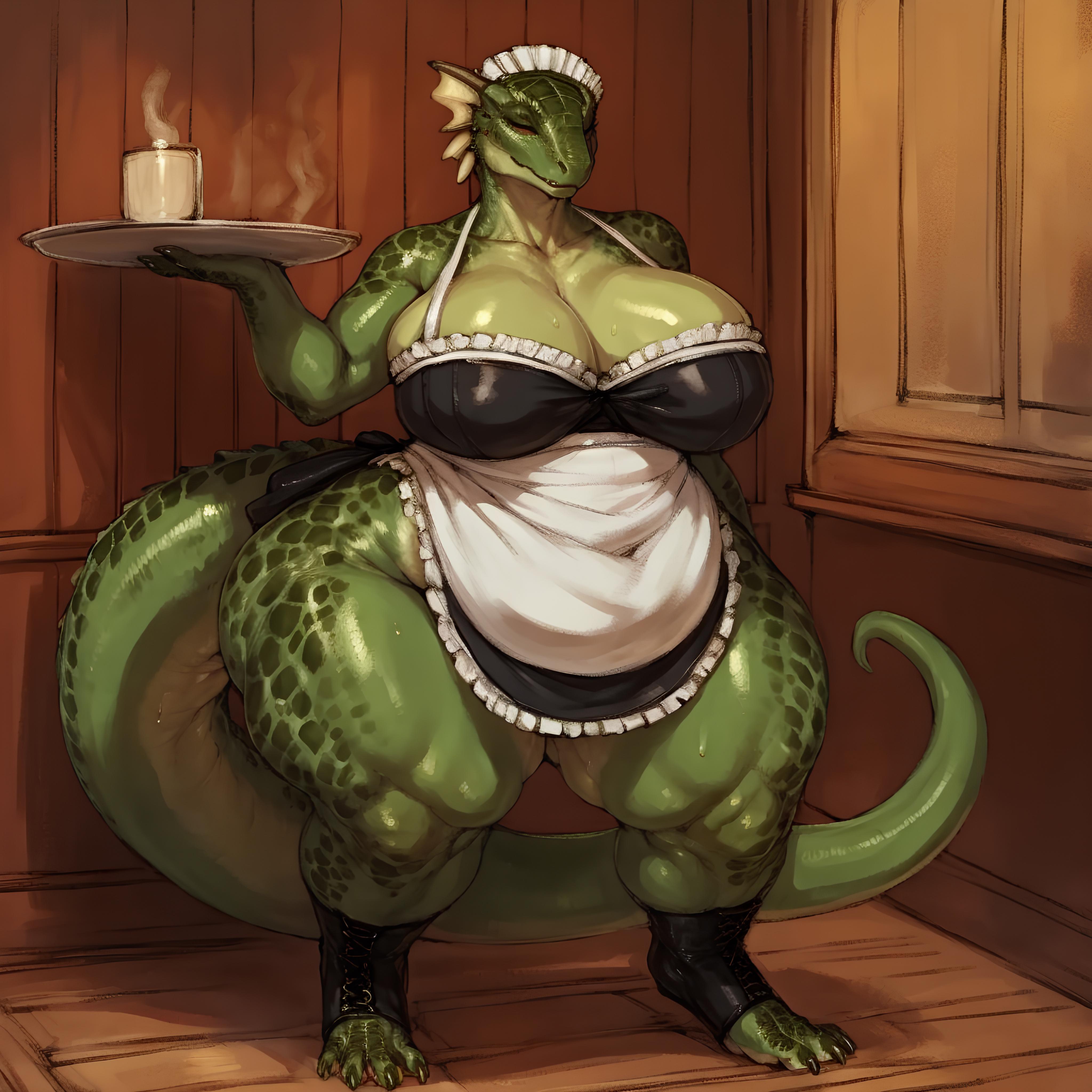 1girls, ai generated, ap, apron, argonian, argonian female, ass, big breasts, bottomless female, breasts, cellulite, cleavage, closed eyes, eyes closed, female, feral, green body, headwear, huge ass, huge breasts, maid, maid apron, maid headdress, maid uniform, no sex, non-human, non-nude, overflowing breasts, plate, scales, scalie, serving tray, skyrim, smile, stable diffusion, tagme, tail, the elder scrolls, thick, thick ass, thick legs, thick thighs, toeless boots