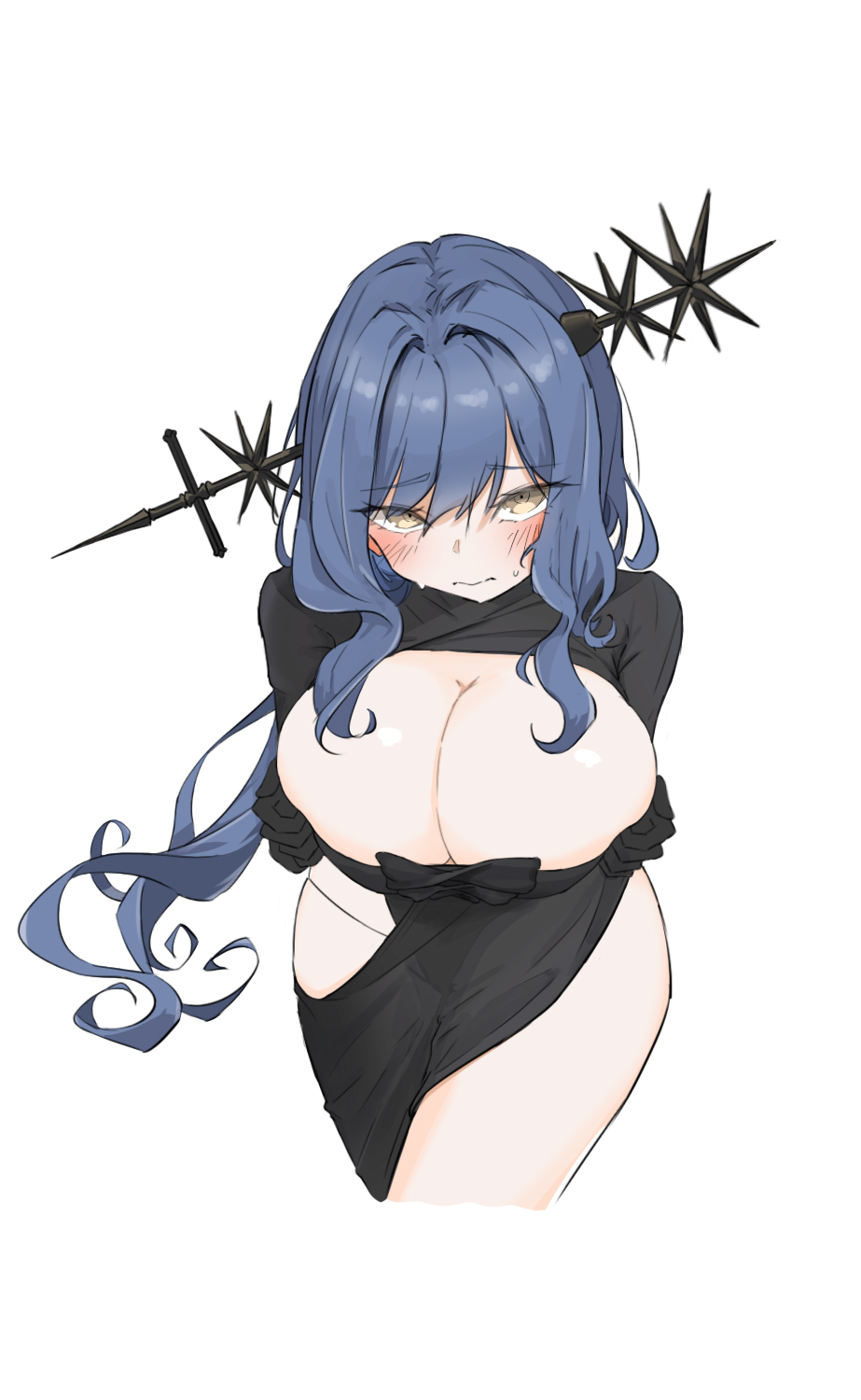 1girls arcana_(reverse:1999) black_dress blue_hair blush breasts brown_eyes cleavage covering_breasts dress female huge_breasts human long_hair looking_at_viewer reverse:1999 solo spikes sweat thighs white_background