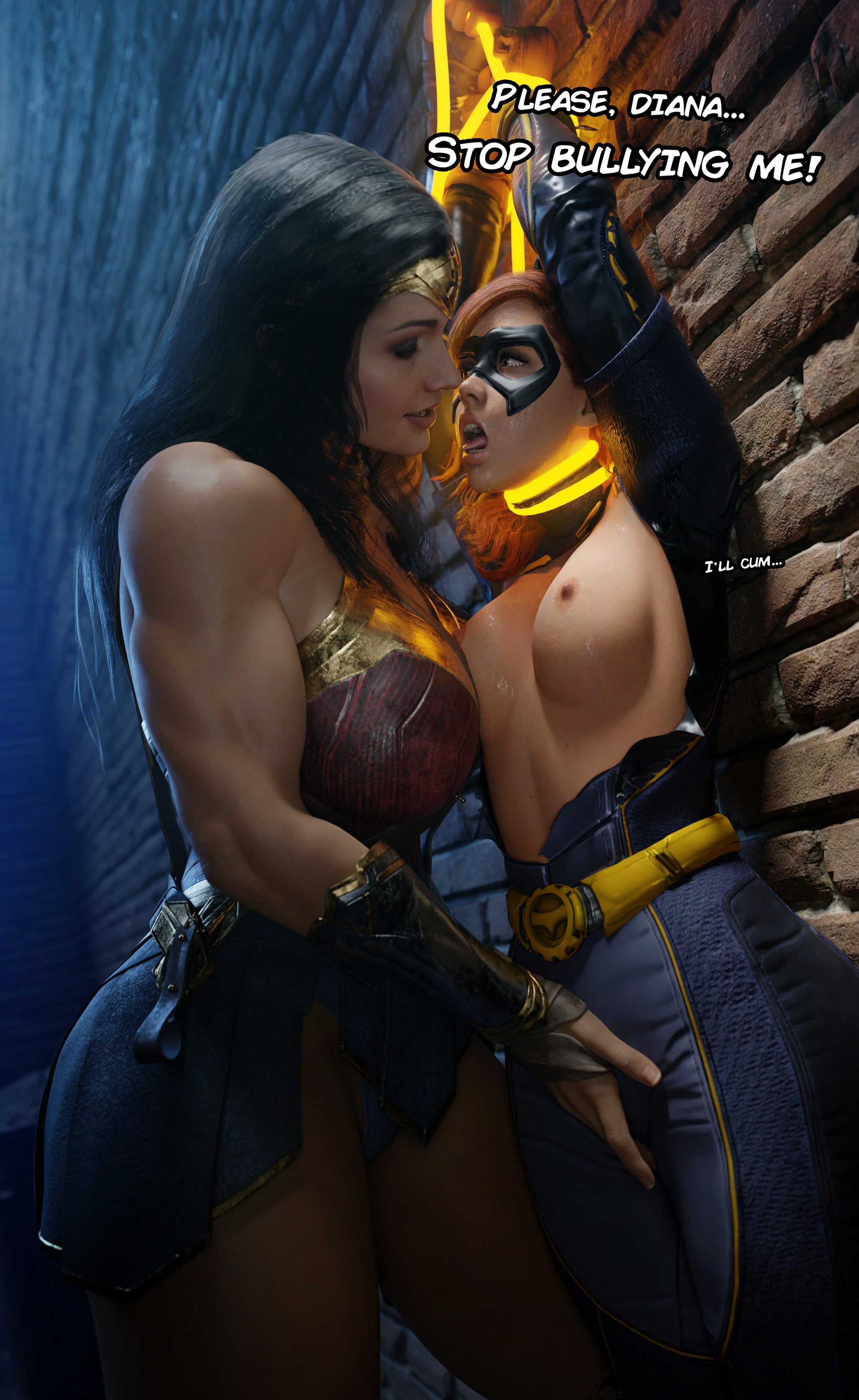 2023, 2girls, 3d, athletic, athletic female, barbara gordon, batesz, batgirl, batgirl (gotham knights), batman (series), big breasts, breasts, curvy figure, dc, dc comics, diana prince, don't bully me i'll cum, female, female only, femdom, femsub, fit, fit female, fully clothed, gotham knights, height difference, highres, huge breasts, image, imminent yuri, injustice 2, large breasts, lezdom, lezsub, light skin, light-skinned female, meme, muscular, muscular female, red hair, seductive, seductive eyes, seductive gaze, seductive look, seductive smile, short hair, taller female, tease, teasing, thick thighs, wonder woman, wonder woman (injustice), wonder woman (series), yuri, yuri seduction