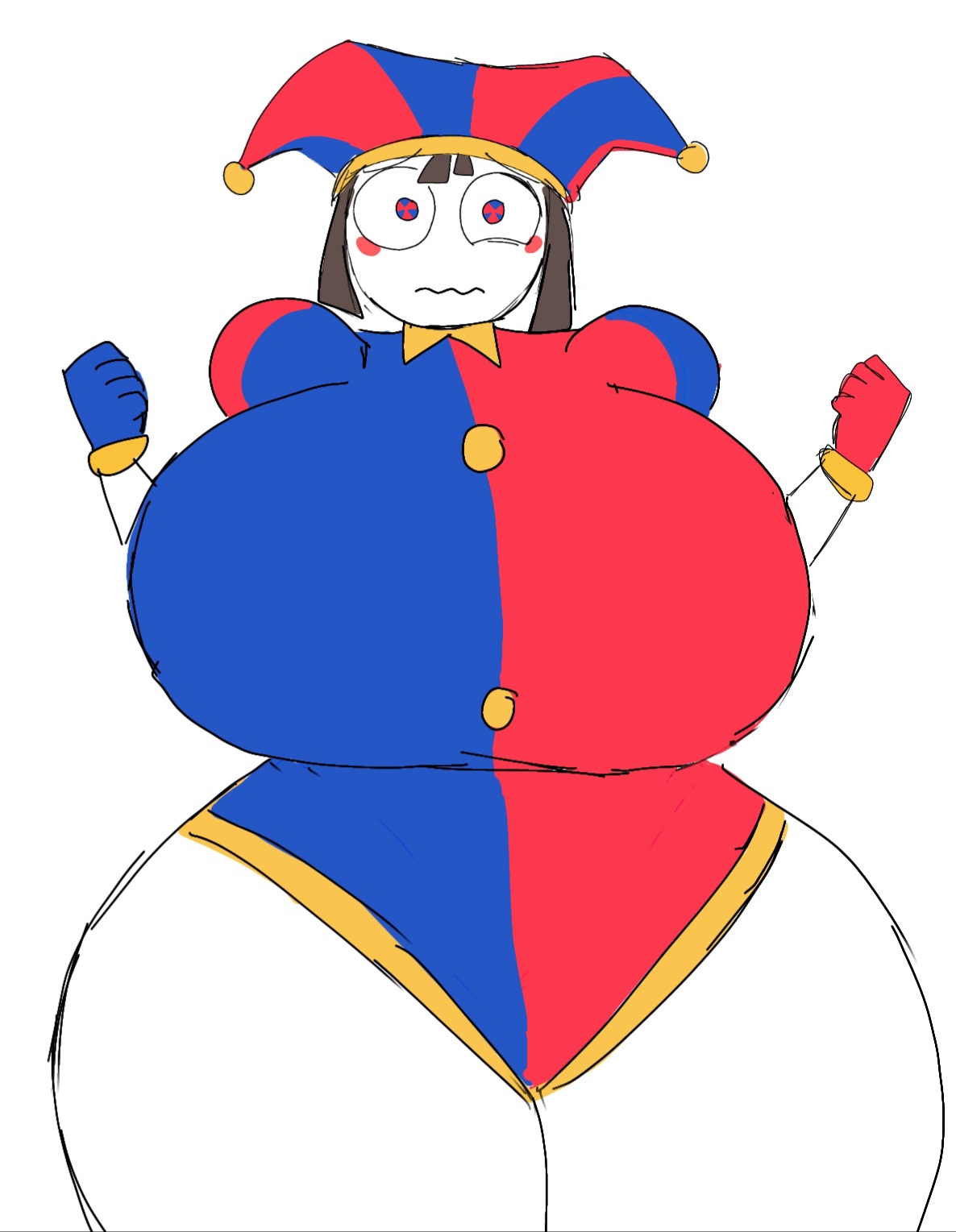 2023, ass, big ass, big breasts, big thighs, breasts, brown hair, clothed, fat, female, female only, gigantic ass, gigantic breasts, gigantic thighs, glitch productions, gloves, gooseworx, huge ass, huge breasts, huge thighs, jester, jester costume, jester hat, jester outfit, momiji (artist), pomni, pomni (the amazing digital circus), short hair, sideass, solo, tagme, the amazing digital circus, thick hips, thick thighs, thighs, white body