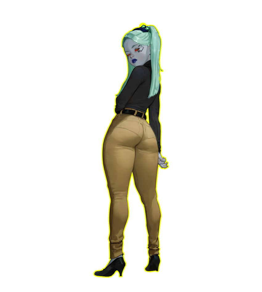 1girls ass bubble_butt clothed cyberpunk:_edgerunners diathorn female full_body fully_clothed green_hair high_heel_boots high_heels khakis long_hair looking_at_viewer looking_back pale-skinned_female pale_skin rebecca_(edgerunners) red_eyes simple_background solo standing sweater thick_thighs thighs tight_clothing tight_pants twintails white_background