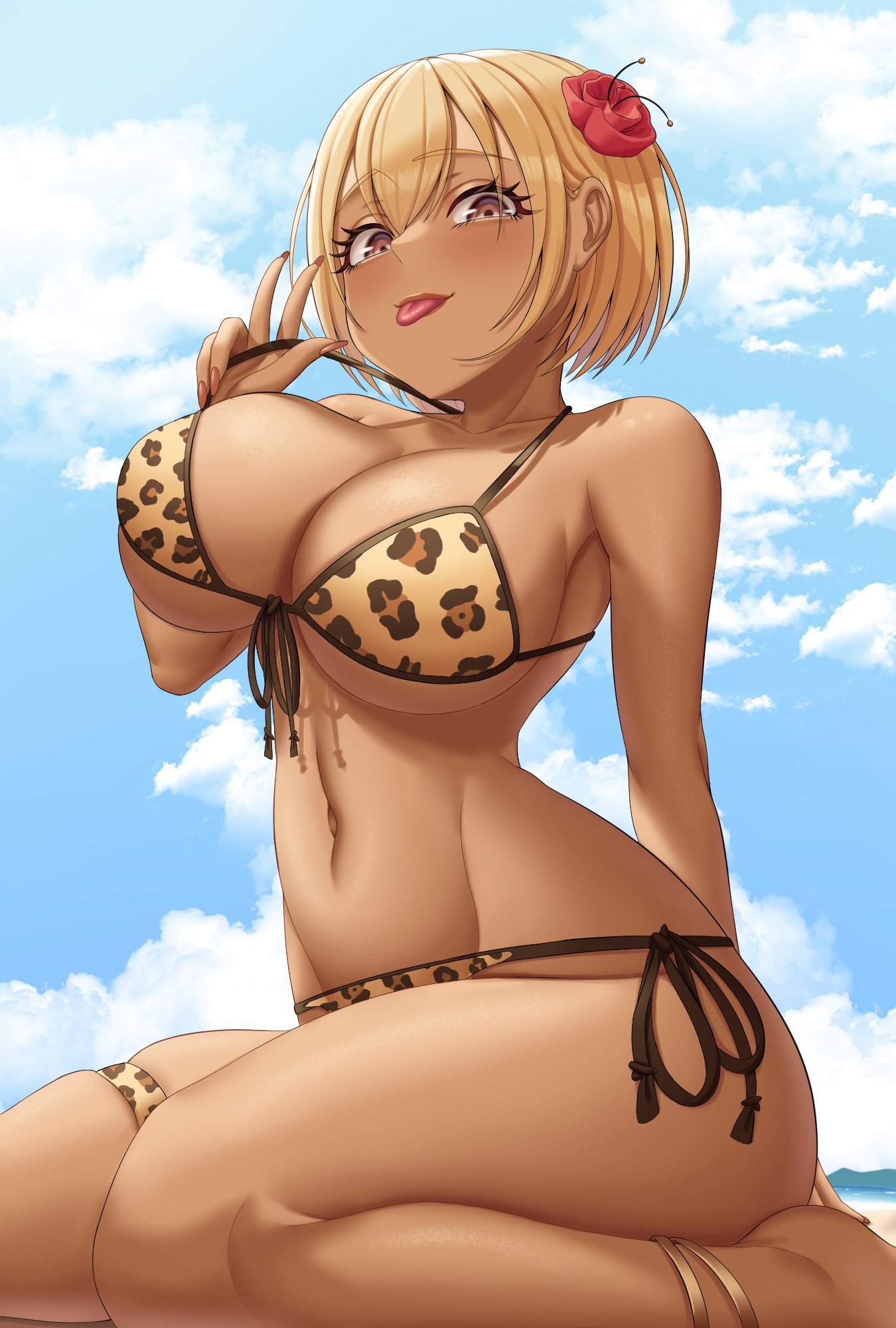 1girls bikini blonde_hair breasts female gyaru komi-san_wa_komyushou_desu large_breasts leopard_print leopard_print_bikini manbagi_rumiko oeffe short_hair tan tan-skinned_female tanned_skin thick_thighs