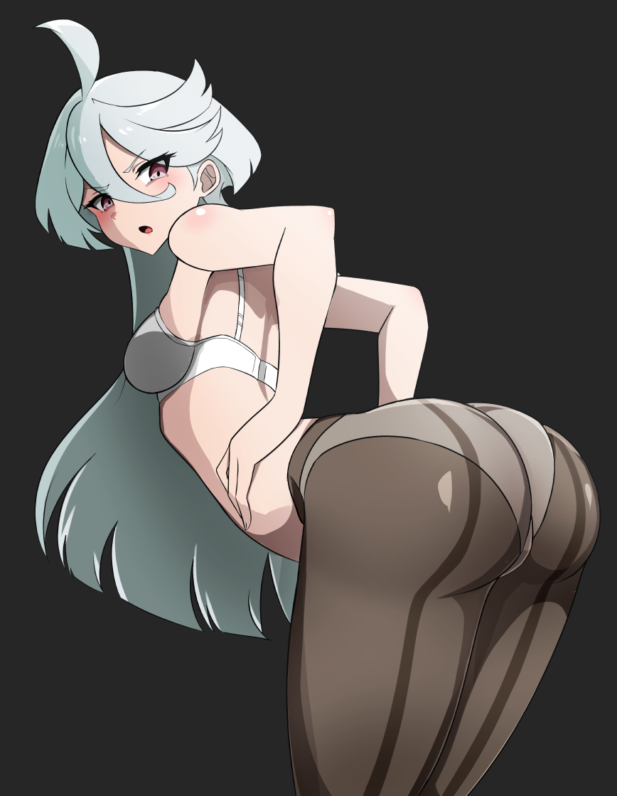 1girls ahoge arched_back ass blush bra breasts female grey_eyes grey_hair gundam gundam_suisei_no_majo hair_between_eyes long_hair miorine_rembran open_mouth panties pantyhose silver_hair simple_background solo underwear vertical-striped_pantyhose white_bra white_panties yuzu_kiro