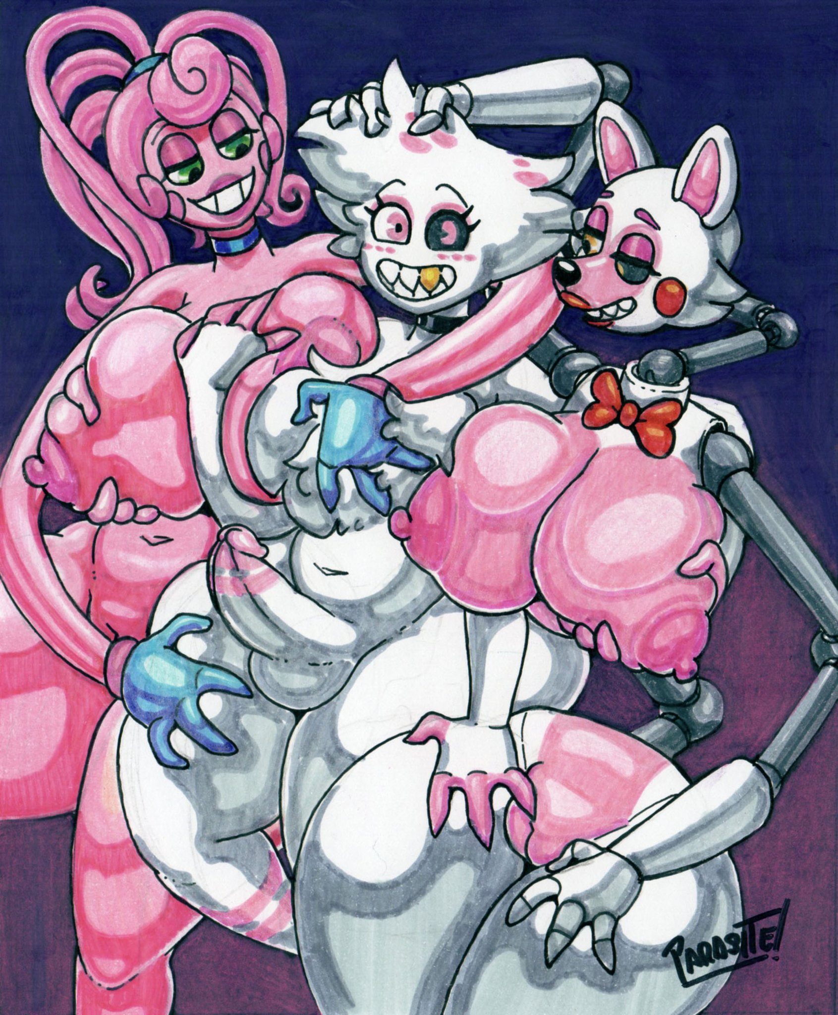1boy, 2girls, angel dust (hazbin hotel), big breasts, breasts, crossover, demon, female, five nights at freddy's, five nights at freddy's 2, hazbin hotel, male, mangle (fnaf), mangled mangle (fnaf), mommy long legs, monster girl, nightmare waifu, parasitedeath, penis, poppy playtime, straight, tagme, vivienne medrano, vivziepop