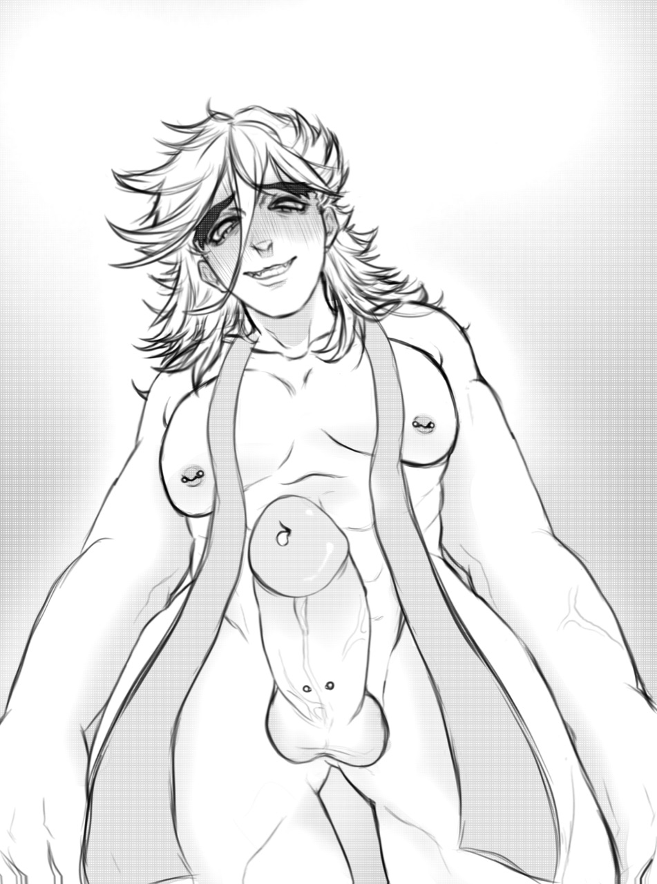 big_penis black_and_white demon_slayer douma gay kimetsu_no_yaiba long_hair man_boobs pretty_boy skinny