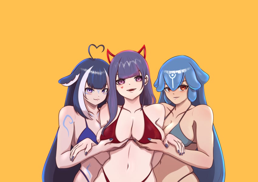 3girls akuma_nihmune bao_(vtuber) big_breasts bikini blue_hair breast_grab indie_virtual_youtuber looking_at_viewer multiple_girls purple_eyes purple_hair red_eyes shylily simple_background succubus the_bikini_bottoms thick_thighs virtual_youtuber vtuber yellow_background