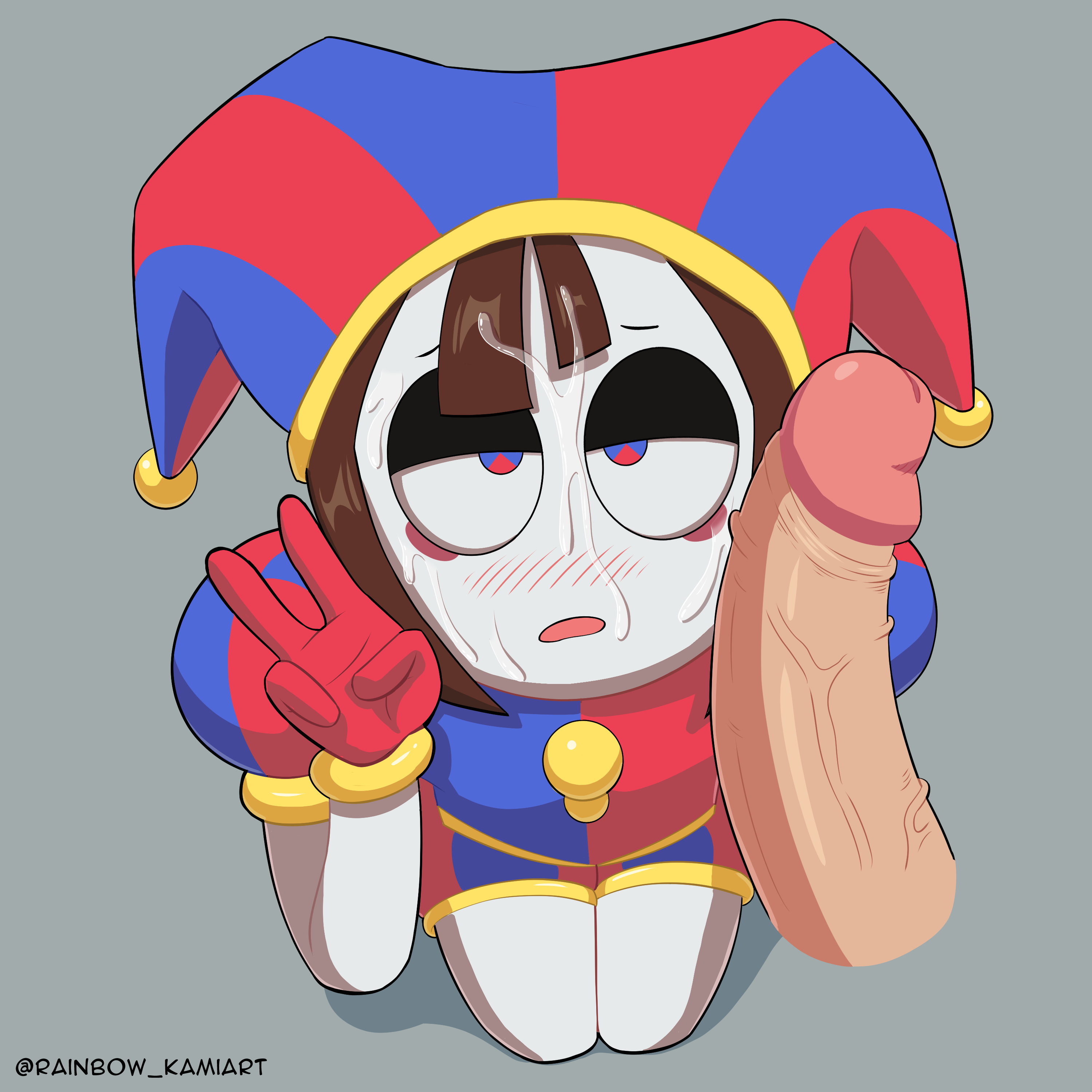 blush, brown hair, cum, cum on face, female, glitch productions, gloves, jester, jester costume, jester hat, jester outfit, looking at penis, male, peace sign, penis, pomni (the amazing digital circus), rainbow kamiart, short hair, straight, tagme, the amazing digital circus, veiny penis, white body