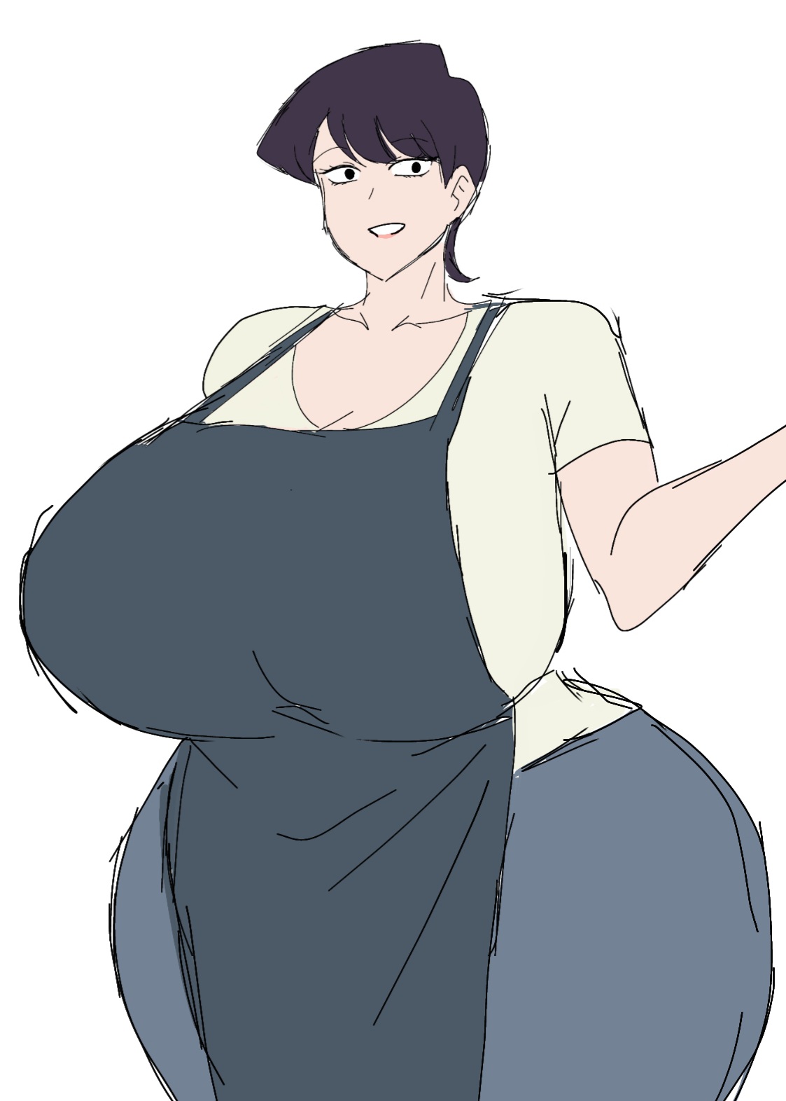 apron, ass, big ass, big breasts, big thighs, black hair, breasts, clothed, clothing, cooking, female, gigantic ass, gigantic breasts, gigantic thighs, huge ass, huge breasts, huge thighs, komi shuuko, komi-san wa komyushou desu, looking at viewer, milf, momiji (artist), mommy, mother, short hair, sketch, smile, smiling, smiling at viewer, tagme, thick hips, thick thighs, thighs