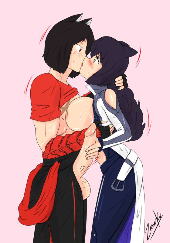 1boy 1girls big_breasts black_hair black_hair_female blake_belladonna breasts_against_chest cat_ears erect_penis hand_behind_head handjob jin_satou kissing original_character rwby zronku