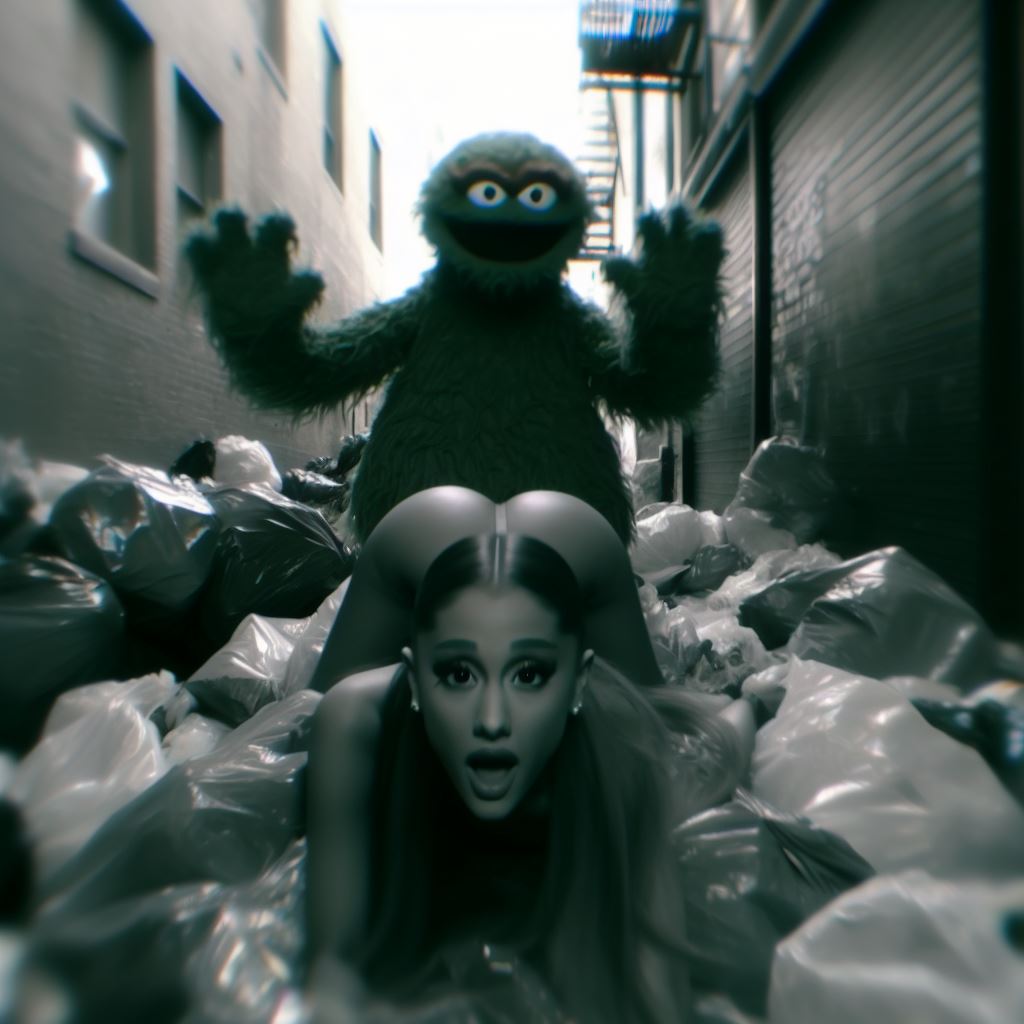 1girls ai_generated alley arched_back ariana_grande ass black_and_white celebrity dall-e3 garbage garbage_bags green_fur implied_sex looking_at_viewer muppets oscar_the_grouch real_person sesame_street shocked_expression shocked_eyes shocked_face tagme the_muppet_show trash trash_bag