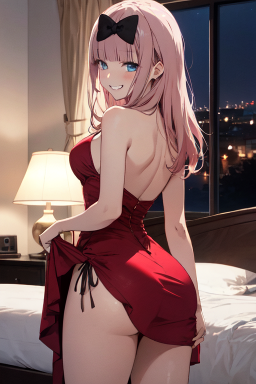 ai generated, blue eyes, female, fujiwara chika, kaguya-sama wa kokurasetai ~tensai-tachi no renai zunousen~, looking at viewer, looking back, missionary position, pink hair