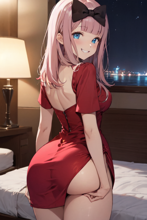 ai generated, blue eyes, female, fujiwara chika, kaguya-sama wa kokurasetai ~tensai-tachi no renai zunousen~, looking at viewer, looking back, pink hair