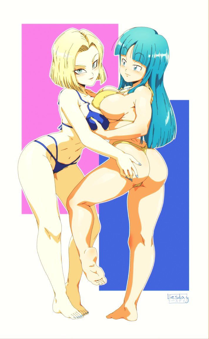 2girls android_18 bikini blonde_hair blue_bikini blue_hair dat_ass dragon_ball dragon_ball_z liesday looking_at_viewer maron multiple_girls yellow_bikini yuri