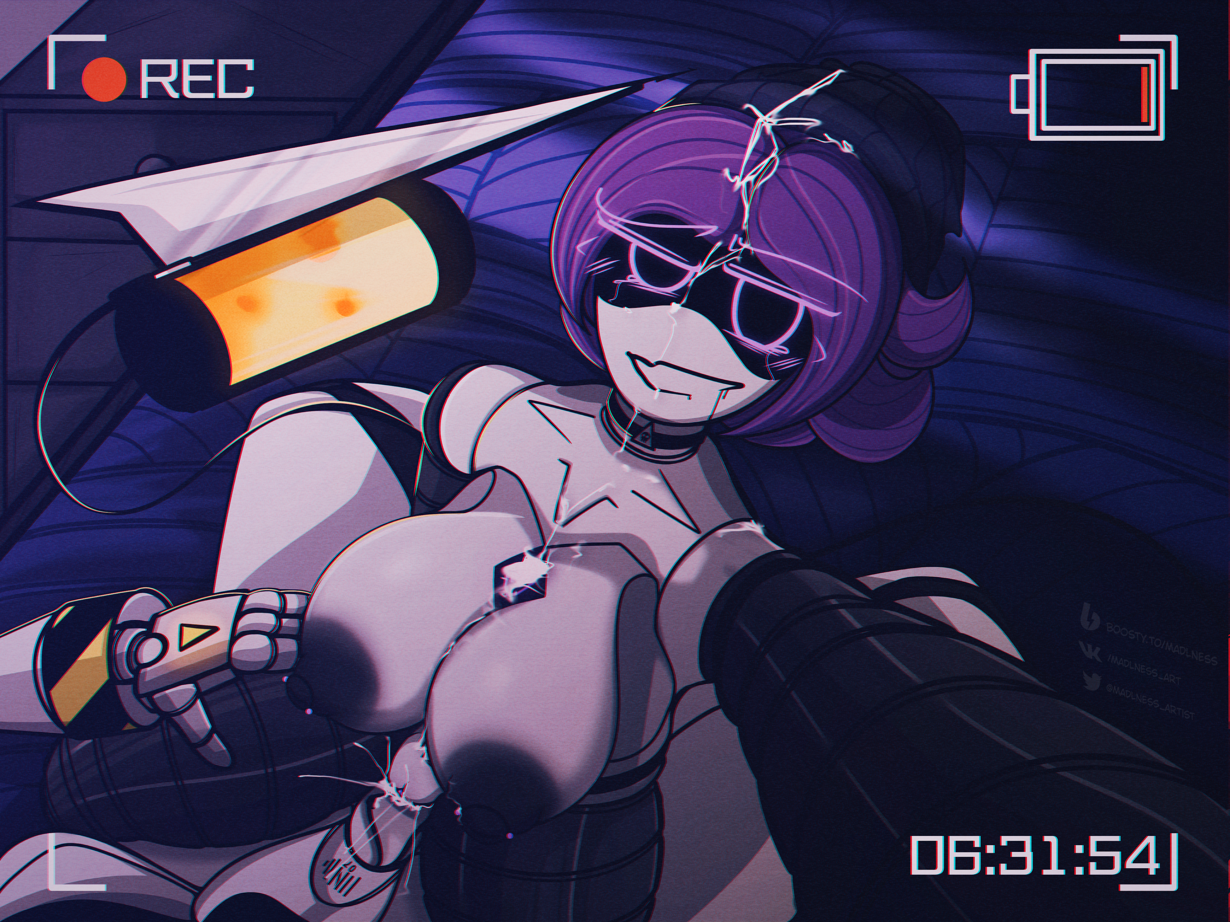 1boy, 1girls, 2d, areola, bed, big areola, big breasts, big nipples, breasts, camera, camera view, cum, cum in pussy, cum on body, cum on breasts, cum on face, dialogue, dialogue box, disassembly drone, drone, female, glitch productions, holding camera, huge breasts, humanoid, humanoid female, humanoid male, looking at partner, madlness, male, male/female, murder drones, n (murder drones), nipples, penetration, penis, penis in pussy, pierced nipples, pleasure, pleasure face, pleasured, purple eyes, purple hair, pussy, robot, robot boy, robot girl, robot humanoid, screen face, sex, tail, text, uzi (murder drones), visor, white body, worker drone