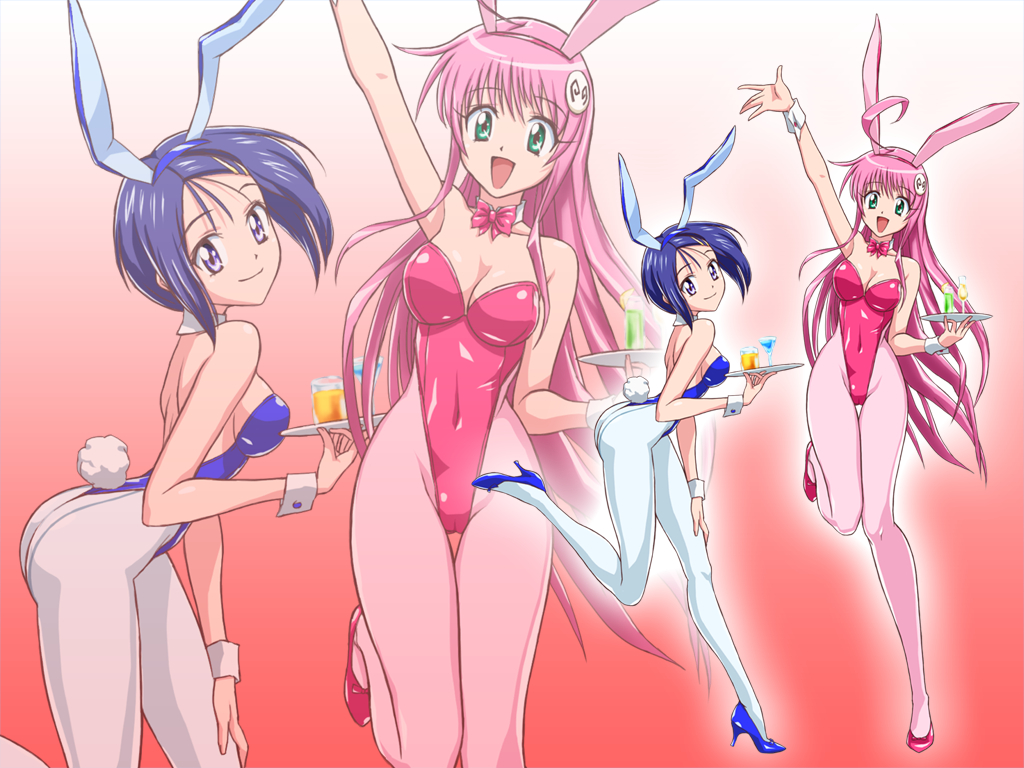 2girls animal_ear breasts bunny_ear bunny_girl bunnysuit cameltoe cleavage female female_only lala_satalin_deviluke multiple_girls natsuya_(circle) pantyhose sairenji_haruna smile tate_machi to_love-ru wrist_cuffs