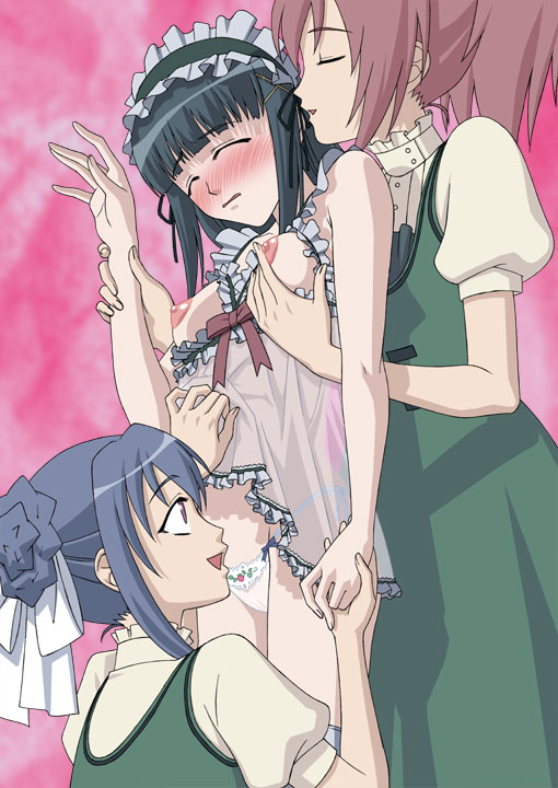 3girls aoi_nagisa blush breast_hold breasts dress dress_lift endured_face female maid maid_sex molestation multiple_girls panties ribbon see-through see-through_dress sheer strawberry_panic! suzumi_tamao tsukidate_chiyo wrist_grab wrist_hold yuri