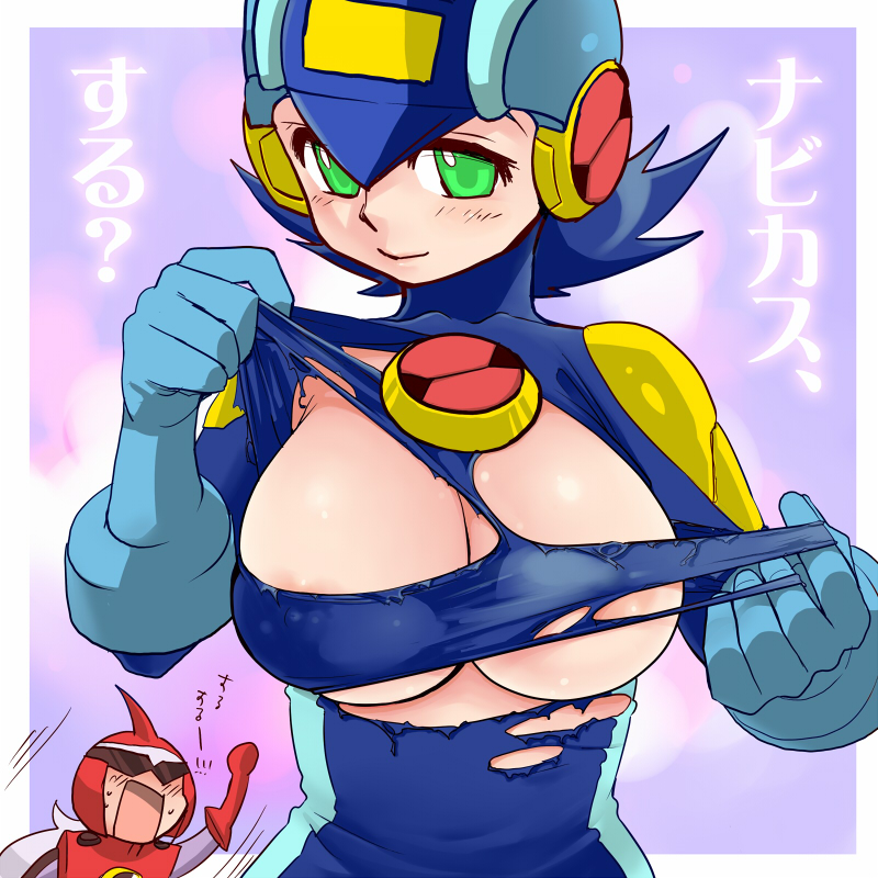 armor bb beige_skin blue_hair blues.exe blush bodysuit breasts capcom closed_mouth clothes female front_view gloves green_eyes helmet human large_breasts mega_man mega_man_battle_network megaman.exe open_eyes protoman.exe protomandelta_(artist) rockman rockman_exe rockman_exe_(character) rule_63 smile torn_clothes translated translation_request yumiya