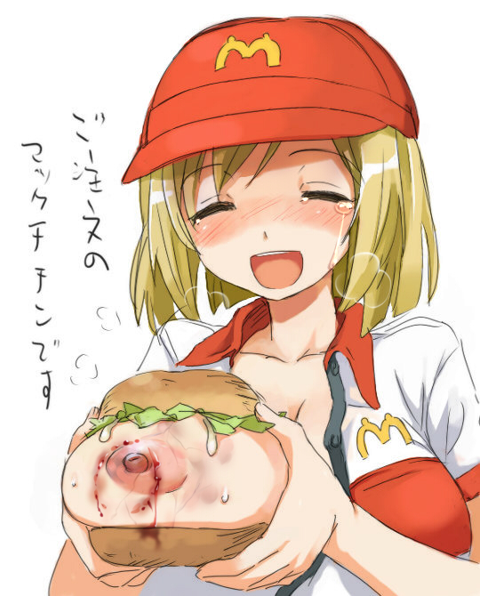 774_(nanashi) areola areolae bite_mark blonde_hair blood blue_eyes blush boob_burger bread breast_grab breast_hold breast_slip breasts bruise burger cap cleavage closed_eyes clothing collarbone erect_nipples female food fruit grin guro hair_bun hamburger hamburger_bun happy injury large_areolae large_breasts lettuce mayo mayonnaise mcdonald's nipples one_breast_out open_clothes open_mouth open_shirt oppai orange_hair photoshop screencap shirt short_hair smile solo stream sweat tears teeth translation_request unbuttoned_shirt uniform vore what your_order_is_ready_(meme)