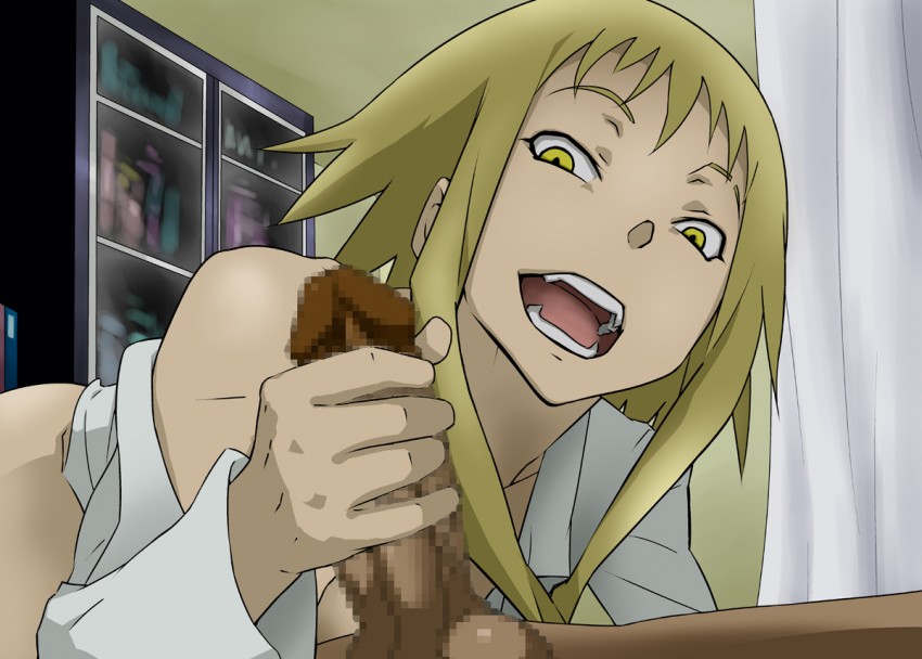 blonde hair, censored, dark skin, dark-skinned male, doctor, handjob, ice place, male, medusa gorgon, open mouth, penis, school nurse, soul eater, sucking, yellow eyes