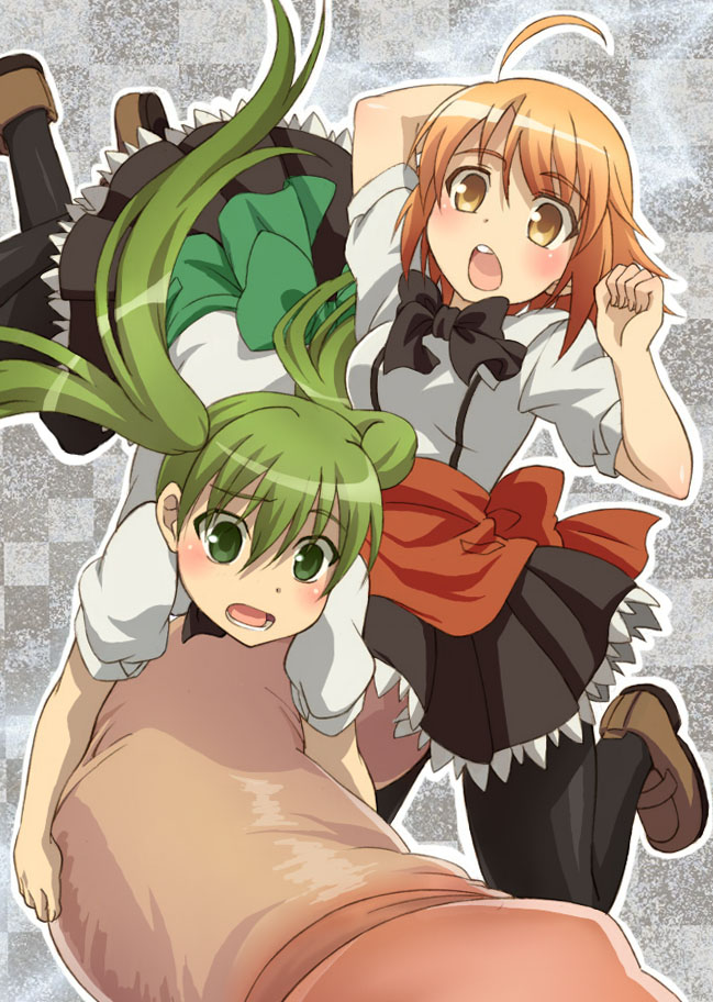 2girls ahoge blush character_request futanari green_eyes green_hair hair huge_cock intersex long_hair multiple_girls orange_hair penis short_hair suppy thighhighs tied_hair twintails type-moon waitress