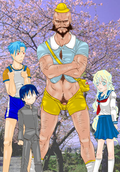 1girls 3boys crossed_arms hat kamina kindergarten_uniform lordgenome nia_teppelin penis pubic_hair school_uniform simon_(tengen_toppa_gurren_lagann) tengen_toppa_gurren-lagann tengen_toppa_gurren_lagann undersized_clothes what