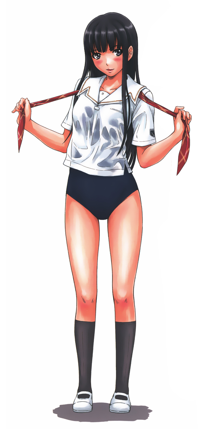 black_hair footwear grey_eyes high_resolution kisaragi_gunma shirt simple_background socks solo standing swimsuit swimsuit_under_clothes