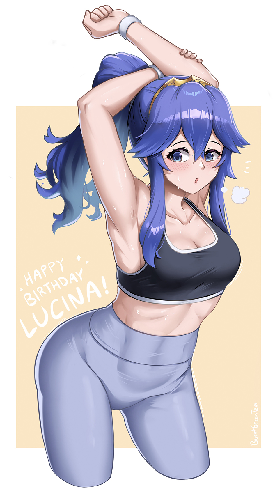 1girls abs alternate_hairstyle armpits arms_behind_head arms_up birthday blue_eyes blue_hair burnt_green_tea crown female female_only fire_emblem fire_emblem_awakening gym gym_clothes gym_clothing gym_uniform long_hair lucina_(fire_emblem) nintendo open_mouth panting pants partially_clothed small_breasts sport sports sports_bra sports_uniform sportswear sweat symbol-shaped_pupils tight_clothes tight_clothing tight_fit tight_pants tights yoga_pants