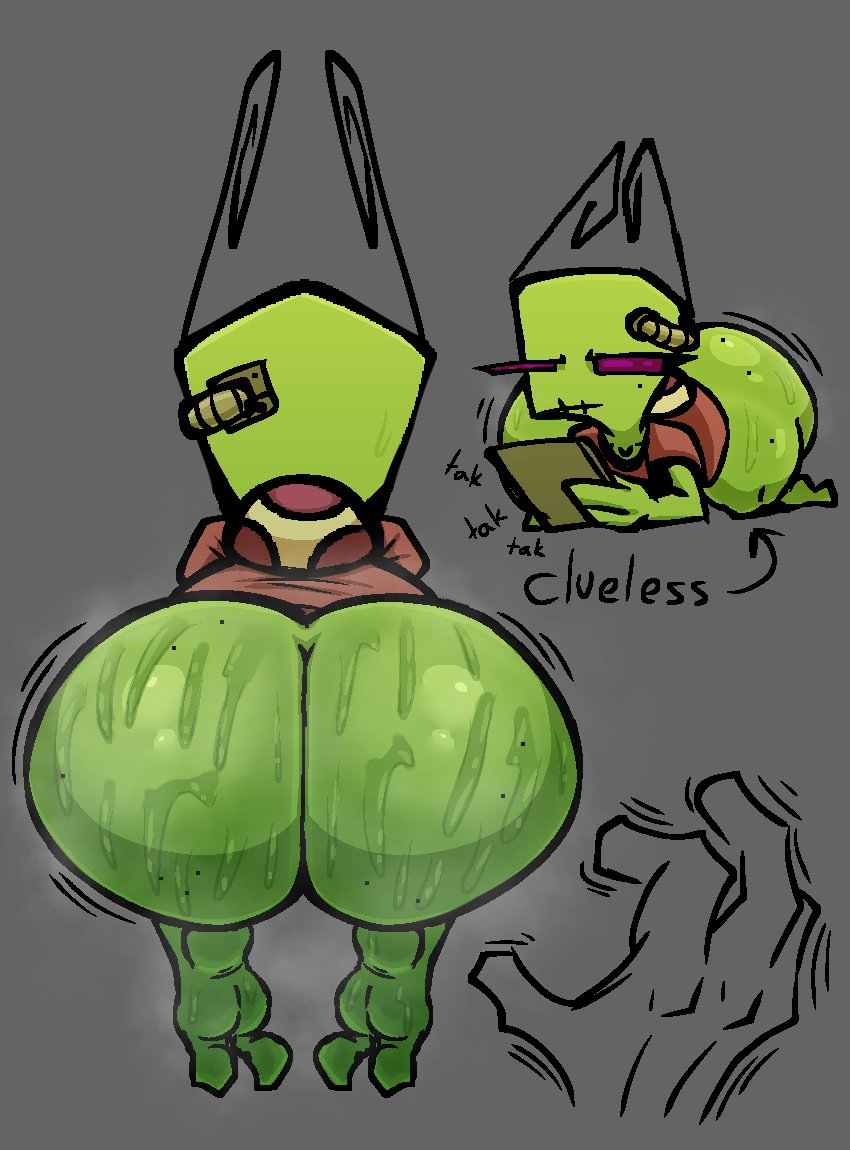 -_- 1boy 1girls 2_fingers 4_fingers alien alien_girl antennas big_ass big_butt bubble_butt butt_crack disembodied_hand fat_ass female green_skin invader_zim male nanodude78 on_back paper purple_eyes sweat sweatdrop sweaty_butt table tak tak_(invader_zim) tak_(irken)_(invader_zim) tap text thick thick_ass thick_thighs