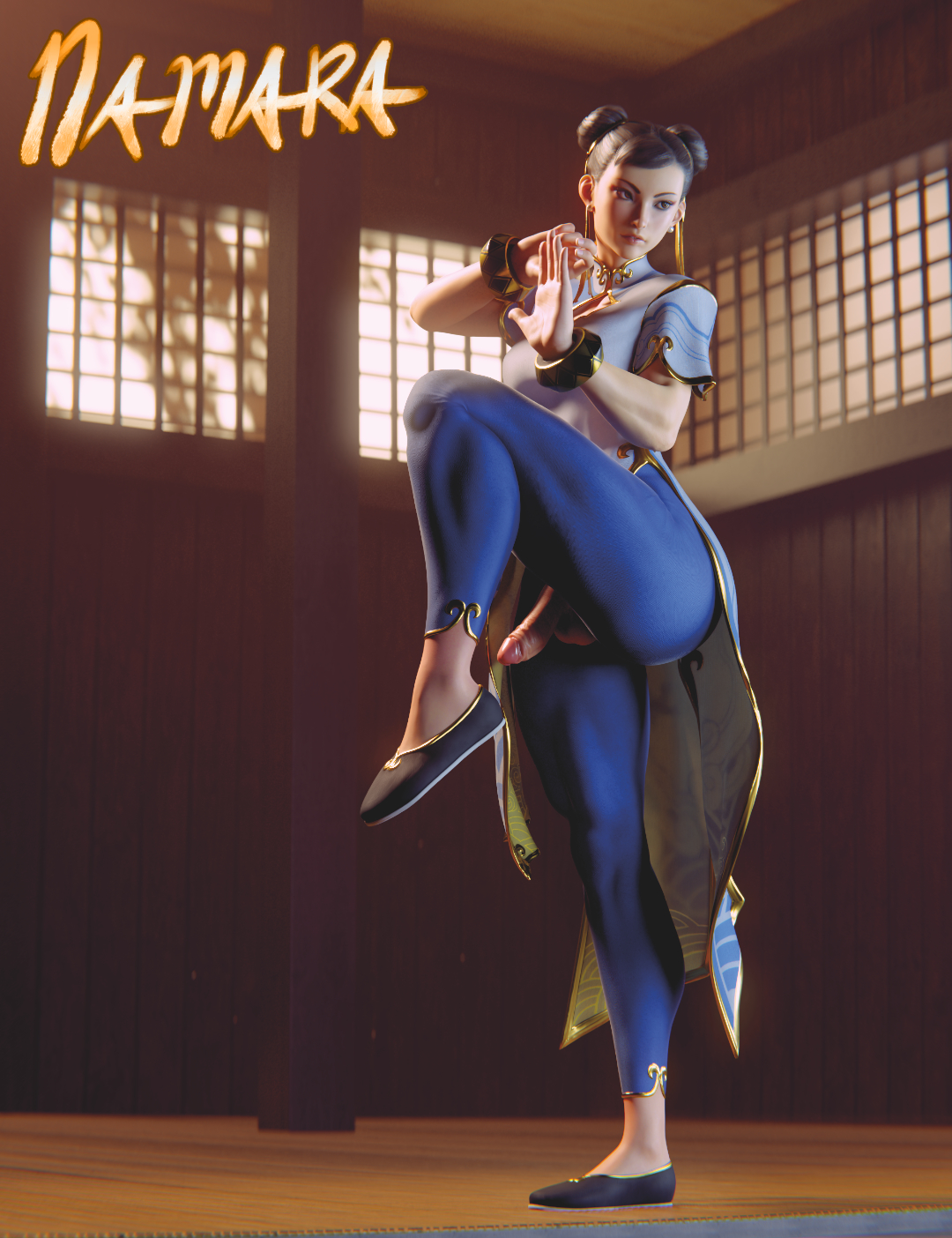 chun-li, cock keyhole clothing, erection, exhibitionism, futanari, leggings, namara, street fighter, street fighter 6