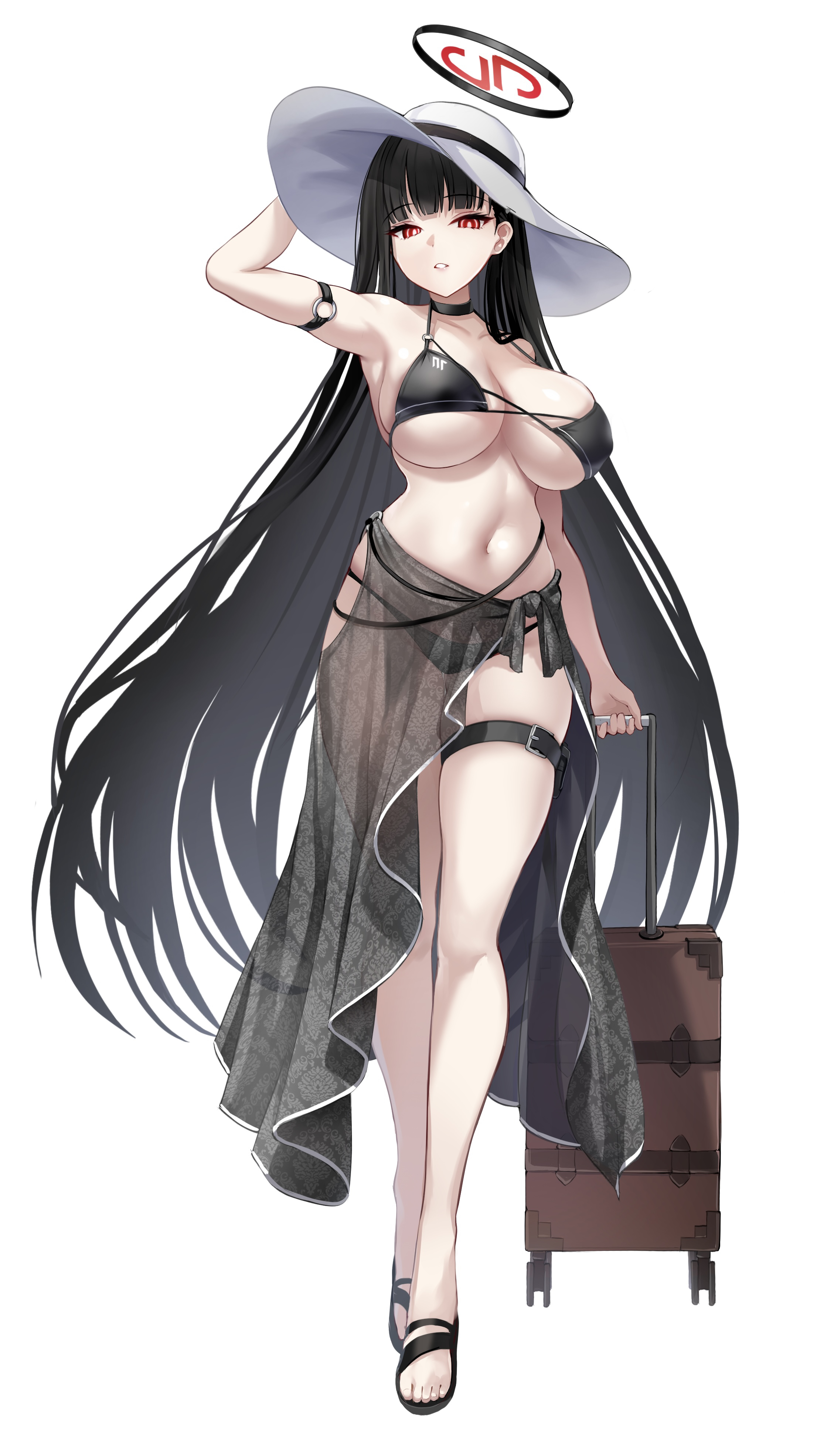 blue archive, breasts, female, halo, hat, huge breasts, long hair, micro bikini, red eyes, rio (blue archive), shiranui (nisioisin sinob), sideboob, swimsuit, wide brim hat
