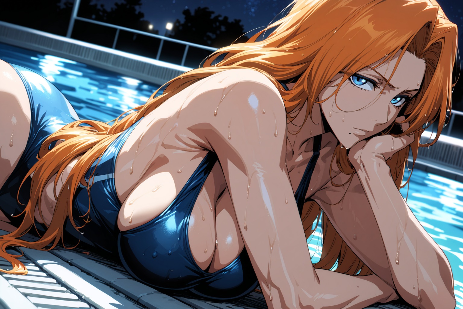 1girls, ai generated, arm support, big breasts, bleach, breasts, cleavage, curvaceous, curvy, curvy body, curvy female, curvy figure, female, female only, hourglass figure, huge breasts, large breasts, light skin, light-skinned female, long hair, lying, lying on stomach, matsumoto rangiku, mole, mole under mouth, mommy, nai diffusion, on stomach, one-piece swimsuit, oppai, orange hair, pool, poolside, sagging breasts, slim waist, solo, solo focus, stable diffusion, swimming pool, swimsuit, very long hair, voluptuous, voluptuous female, wavy hair, wet, wet body, wet hair, wet skin