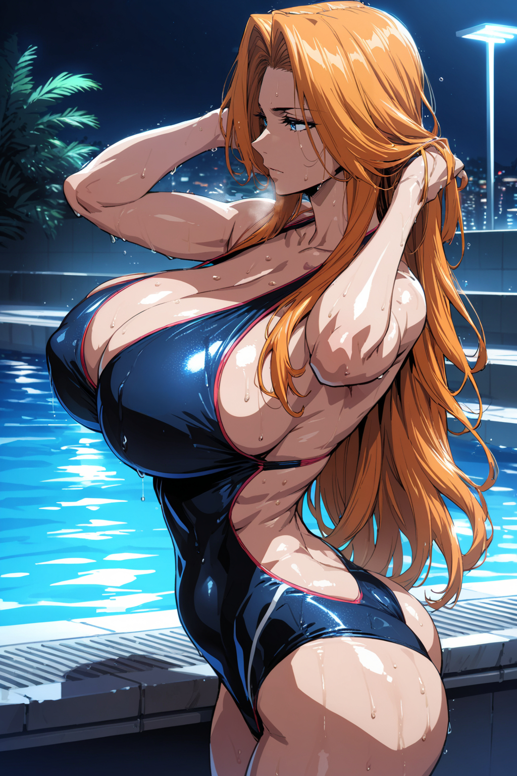 1girls adjusting_hair ai_generated alchy arms_behind_head big_breasts bleach breasts curvaceous curvy curvy_body curvy_female curvy_figure female female_only hourglass_figure huge_breasts in_profile large_breasts light-skinned_female light_skin long_hair matsumoto_rangiku mommy nai_diffusion one-piece_swimsuit oppai orange_hair playing_with_hair pool poolside sagging_breasts side_view sideboob slim_waist solo solo_focus stable_diffusion standing swimming_pool swimsuit very_long_hair voluptuous voluptuous_female wavy_hair wet wet_body wet_hair wet_skin