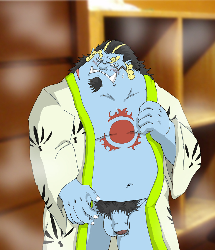 anthro artist_request balls blue_body blue_skin blush clothing facial_hair fish-men_(one_piece) flaccid jinbe male male_only one_piece overweight pantsless penis solo solo_male